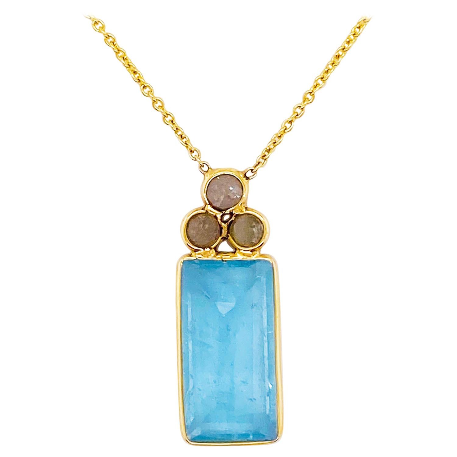 18k Gold Aquamarine and Rough Diamond Necklace, Original, Genuine Fine Jewelry