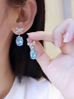 18K Gold Aquamarine Earrings 10 Carat Large Gemstone with Diamonds