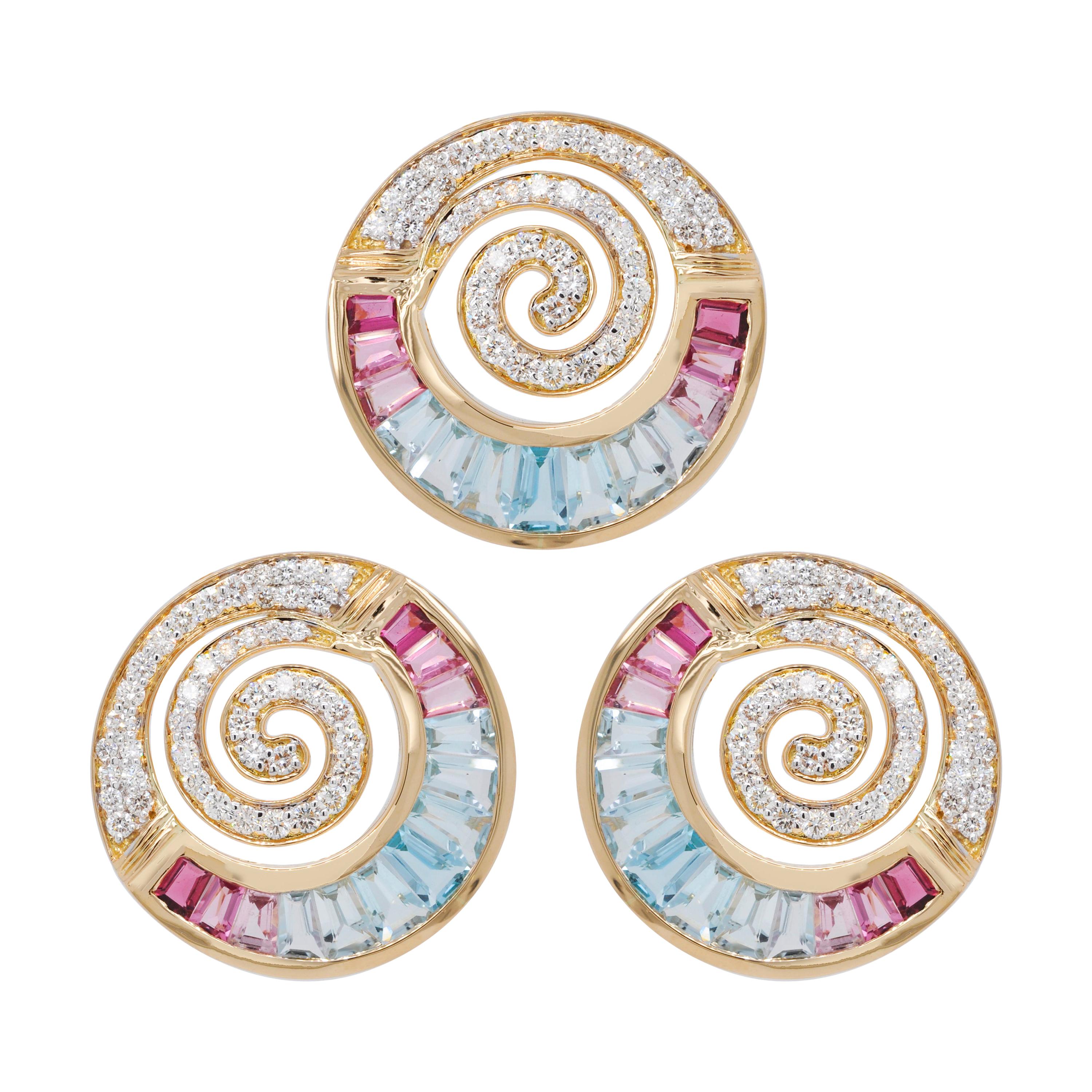 18 Karat Gold Aquamarine Pink Tourmaline Diamond Pendant Necklace Earrings Set