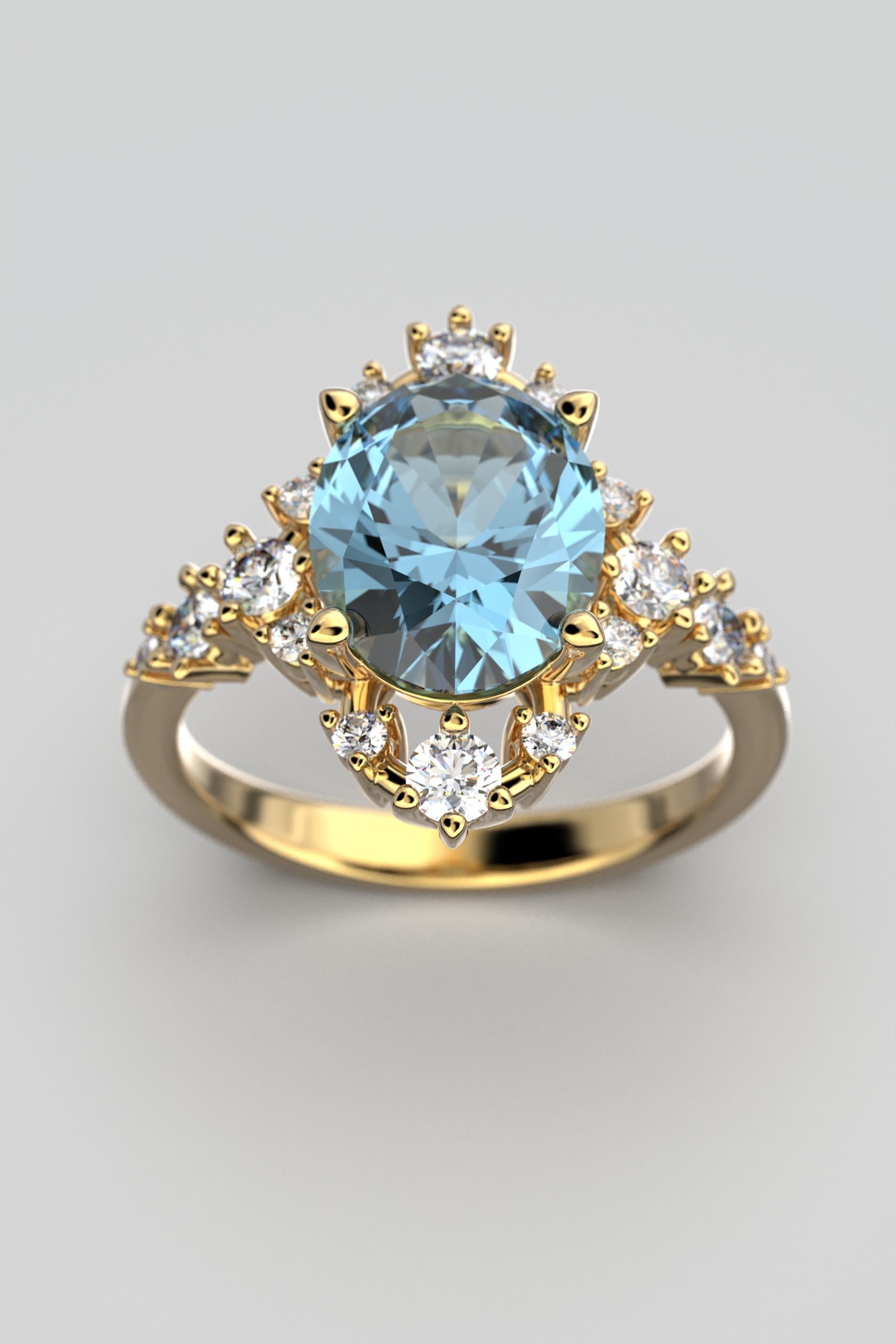 For Sale:  18k Gold Aquamarine Ring With Natural Diamonds Made in Italy Oltremare Gioielli 14