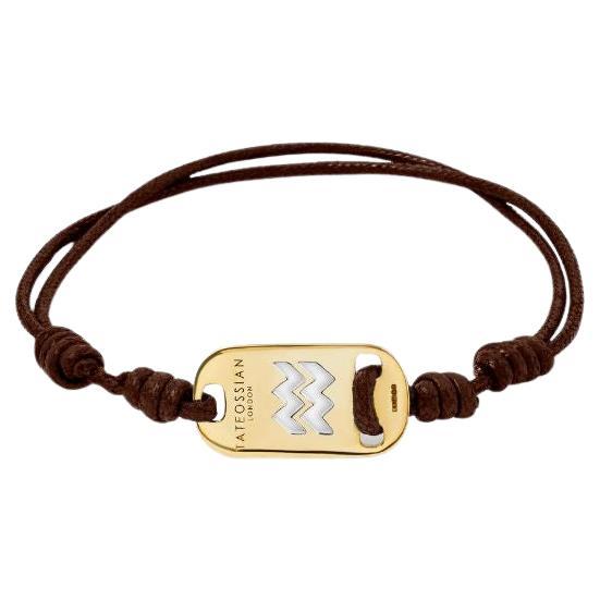 18K Gold Aquarius Bracelet with Brown Cord For Sale