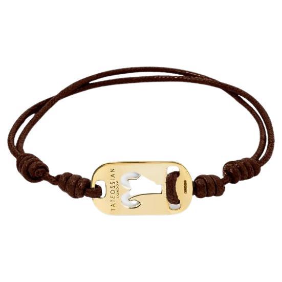 18K Gold Aries Bracelet with Brown Cord For Sale