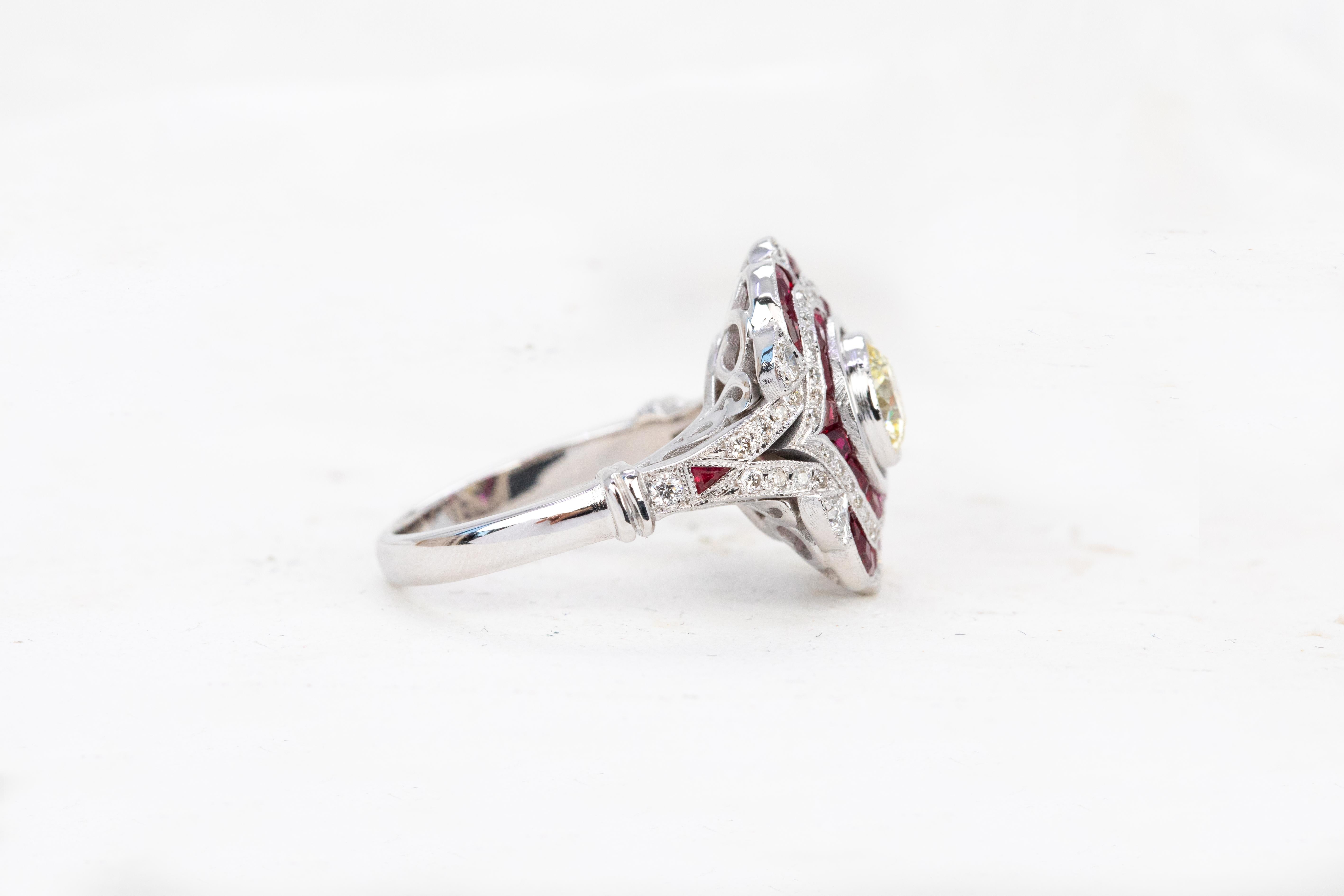 Brilliant Cut 18K Gold Art Deco 0.75 ct. Diamond and Ruby Cocktail Ring For Sale
