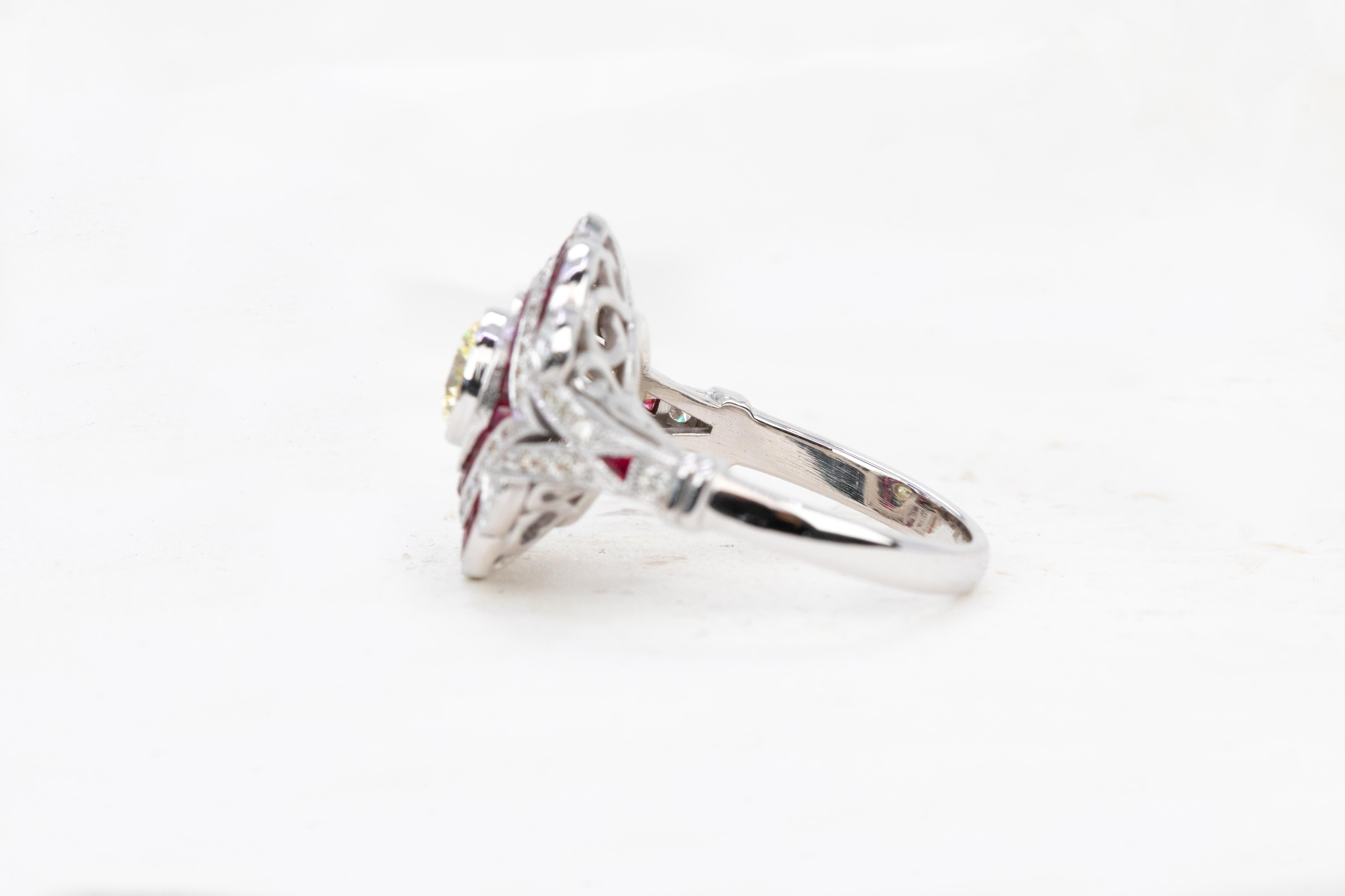 Women's 18K Gold Art Deco 0.75 ct. Diamond and Ruby Cocktail Ring For Sale