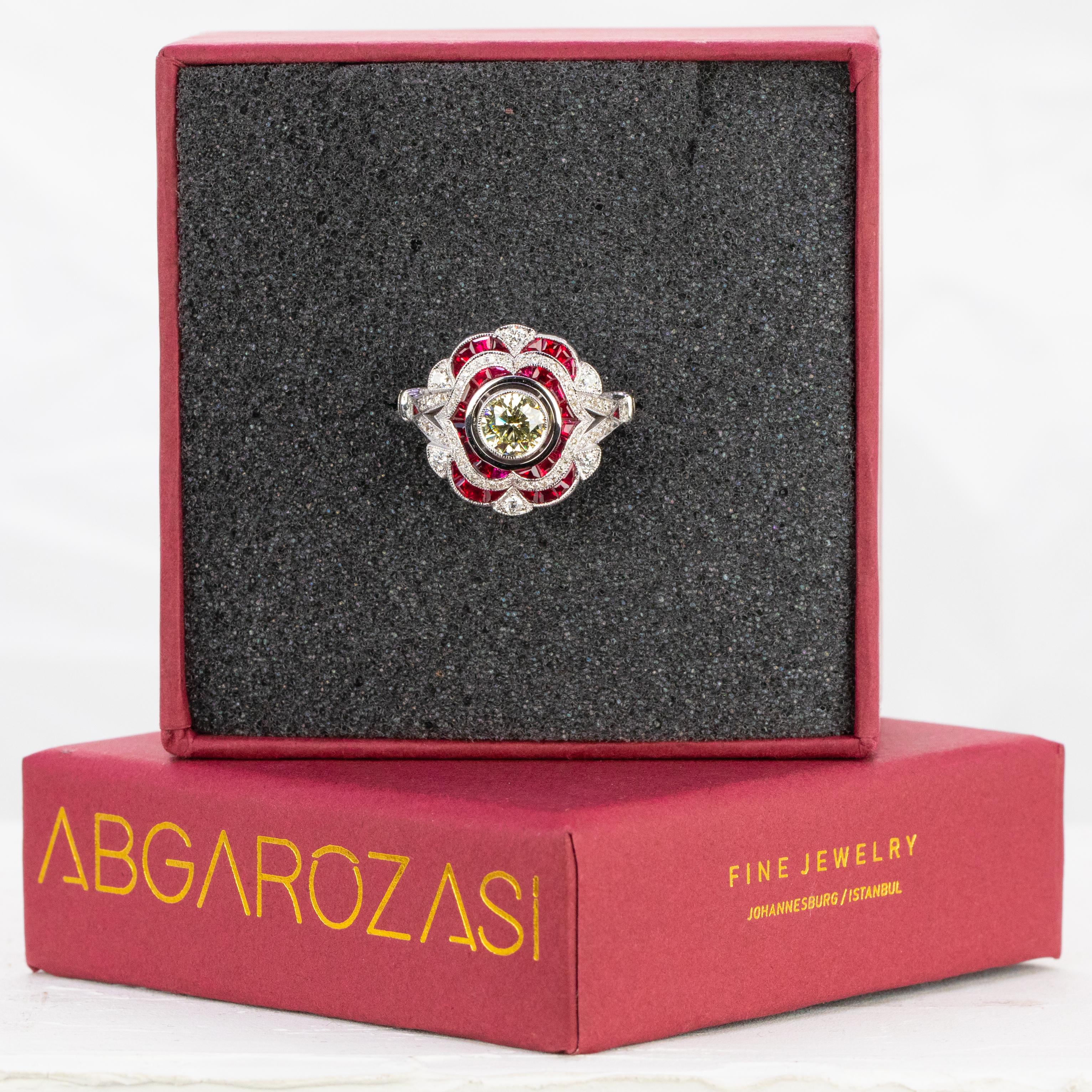 18K Gold Art Deco 0.75 ct. Diamond and Ruby Cocktail Ring For Sale 1