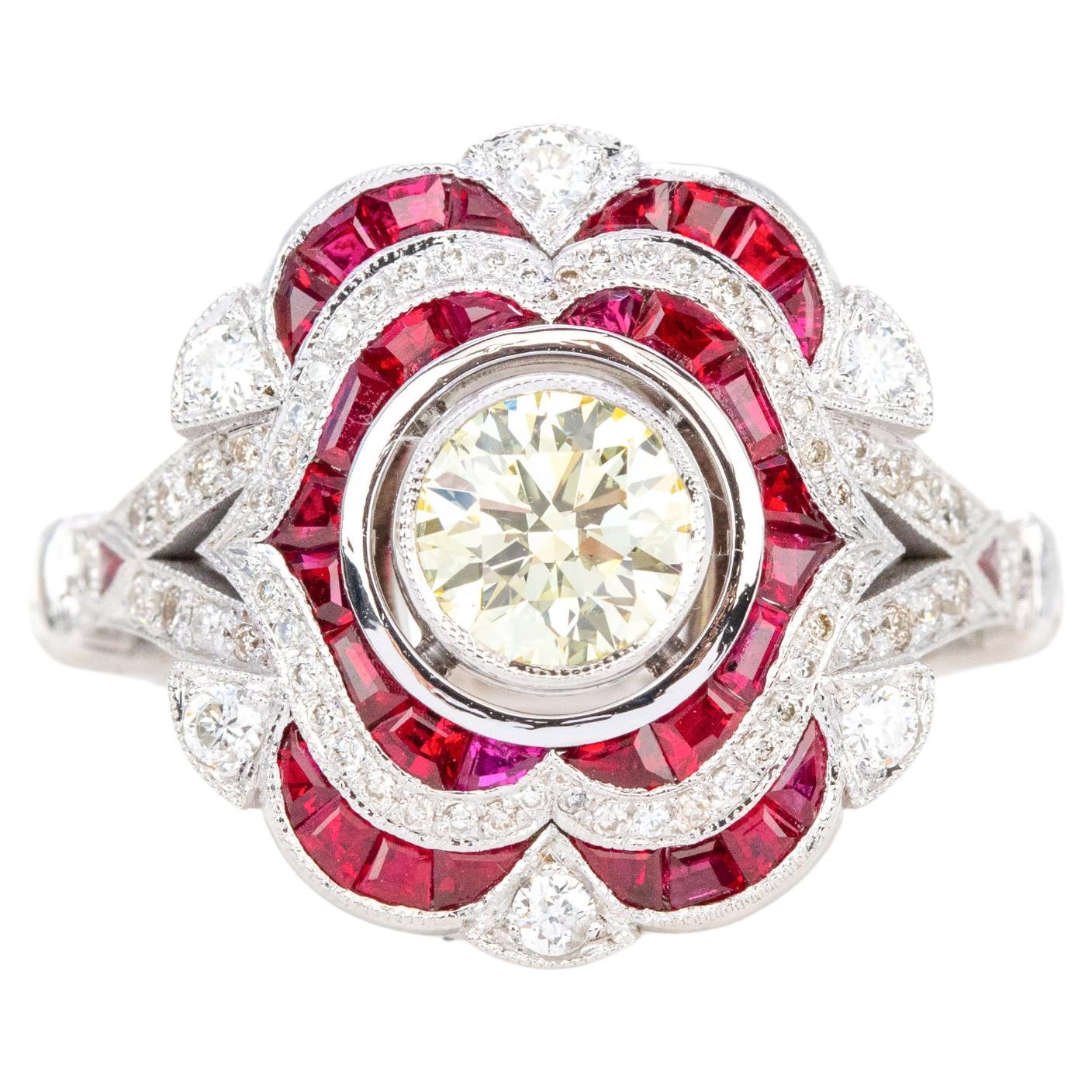 18K Gold Art Deco 0.75 ct. Diamond and Ruby Cocktail Ring For Sale
