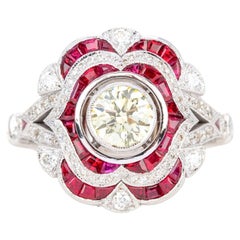 18K Gold Art Deco 0.75 ct. Diamond and Ruby Cocktail Ring