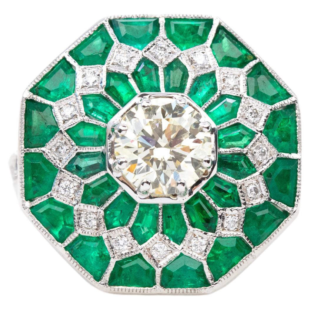 18K Gold Art Deco 1.05 Ct. Diamond and Emerald Cocktail Ring For Sale