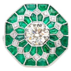 18K Gold Art Deco 1.05 Ct. Diamond and Emerald Cocktail Ring