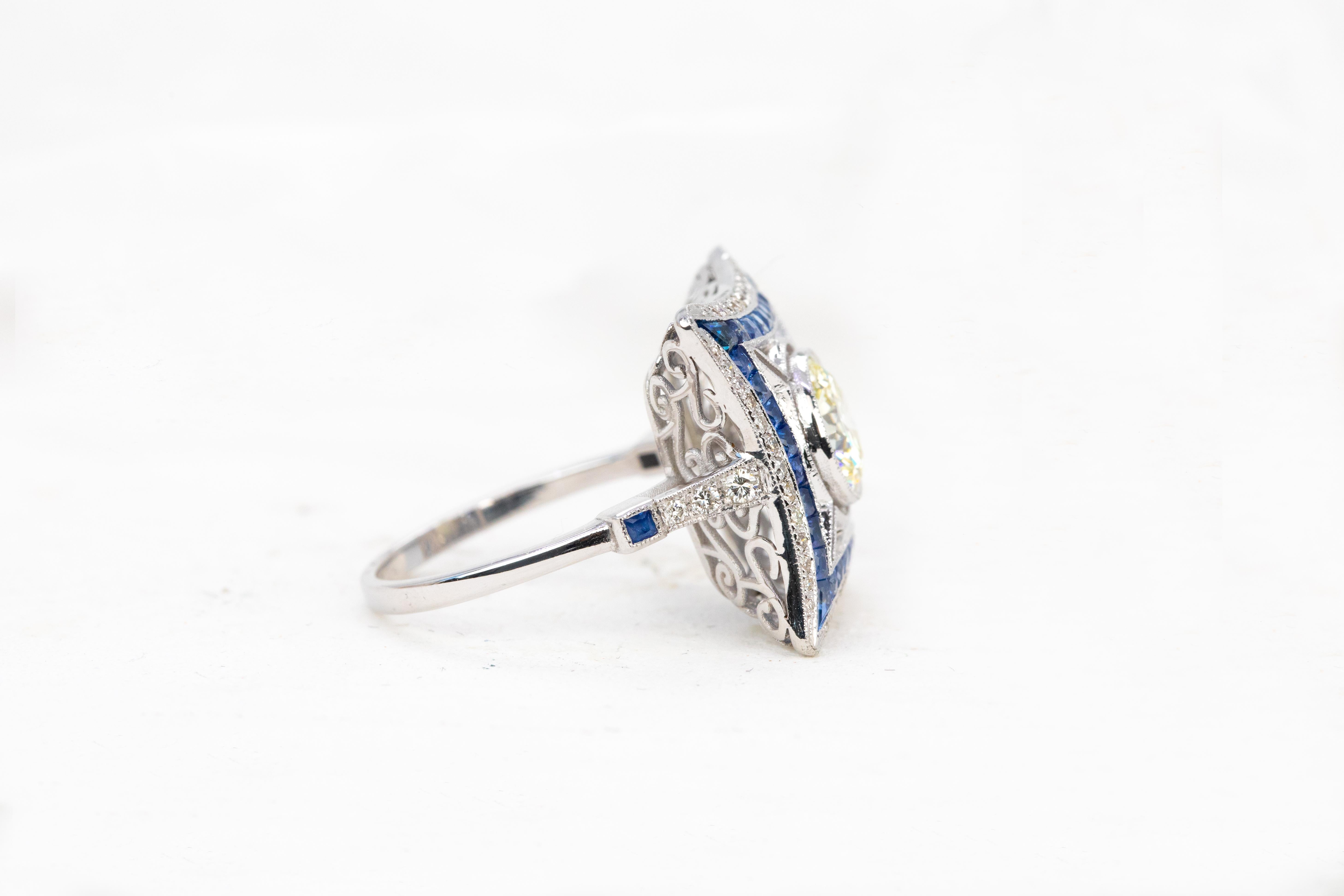 Brilliant Cut 18K Gold Art Deco 1.28 Ct. Diamond and Sapphire Cocktail Ring For Sale