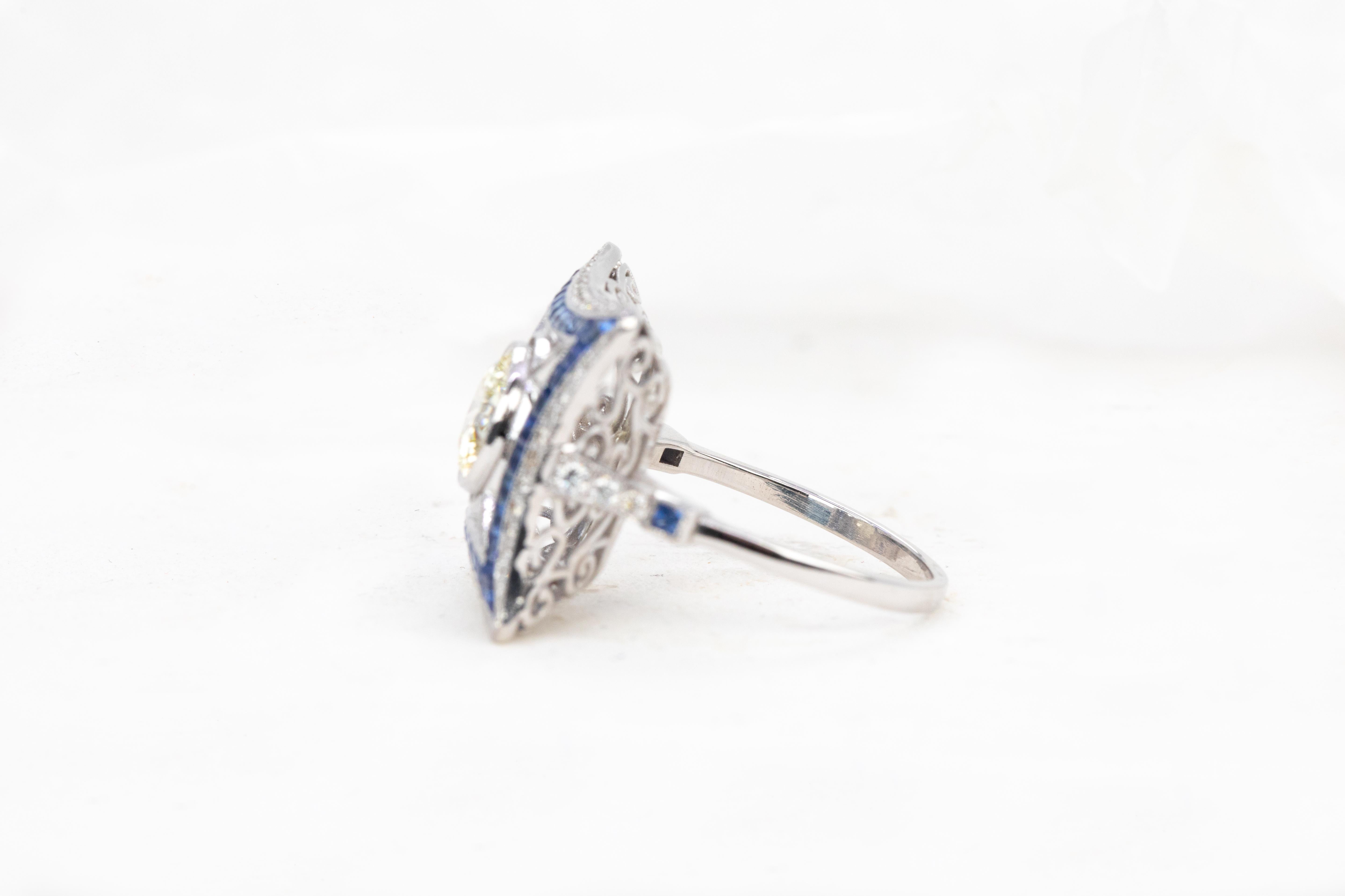 Women's 18K Gold Art Deco 1.28 Ct. Diamond and Sapphire Cocktail Ring For Sale