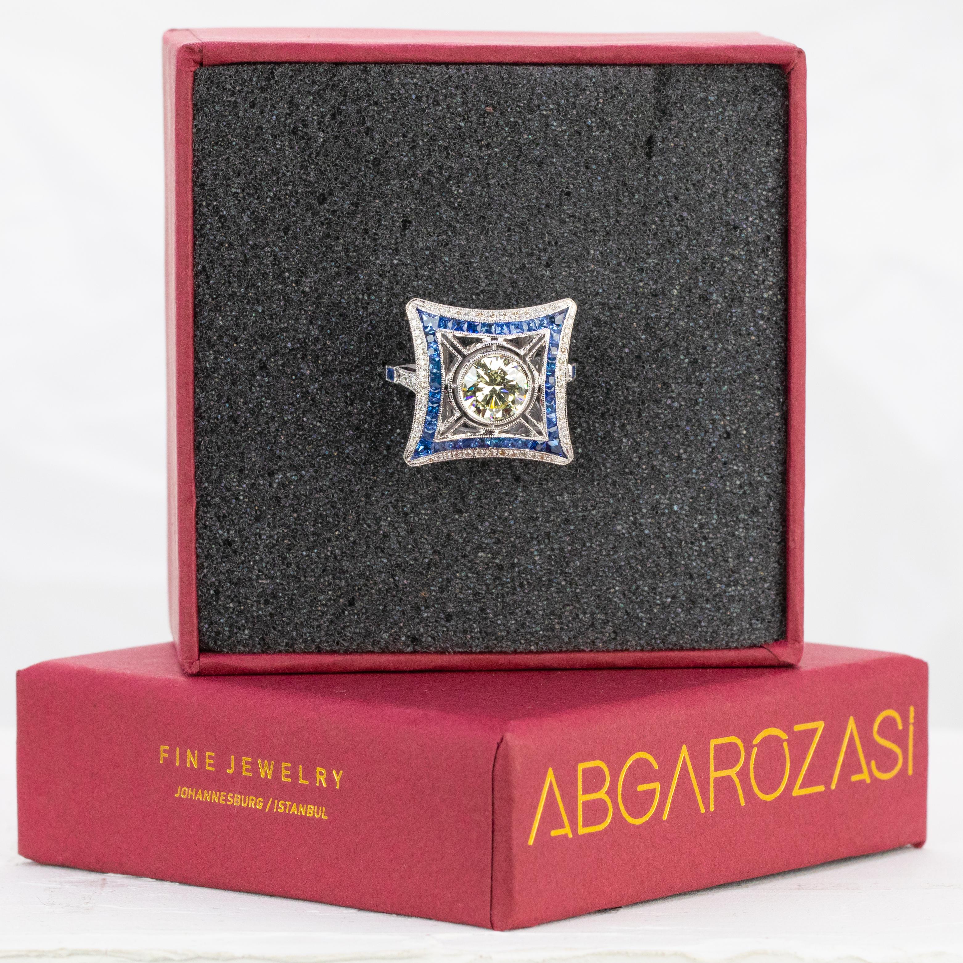 18K Gold Art Deco 1.28 Ct. Diamond and Sapphire Cocktail Ring For Sale 1