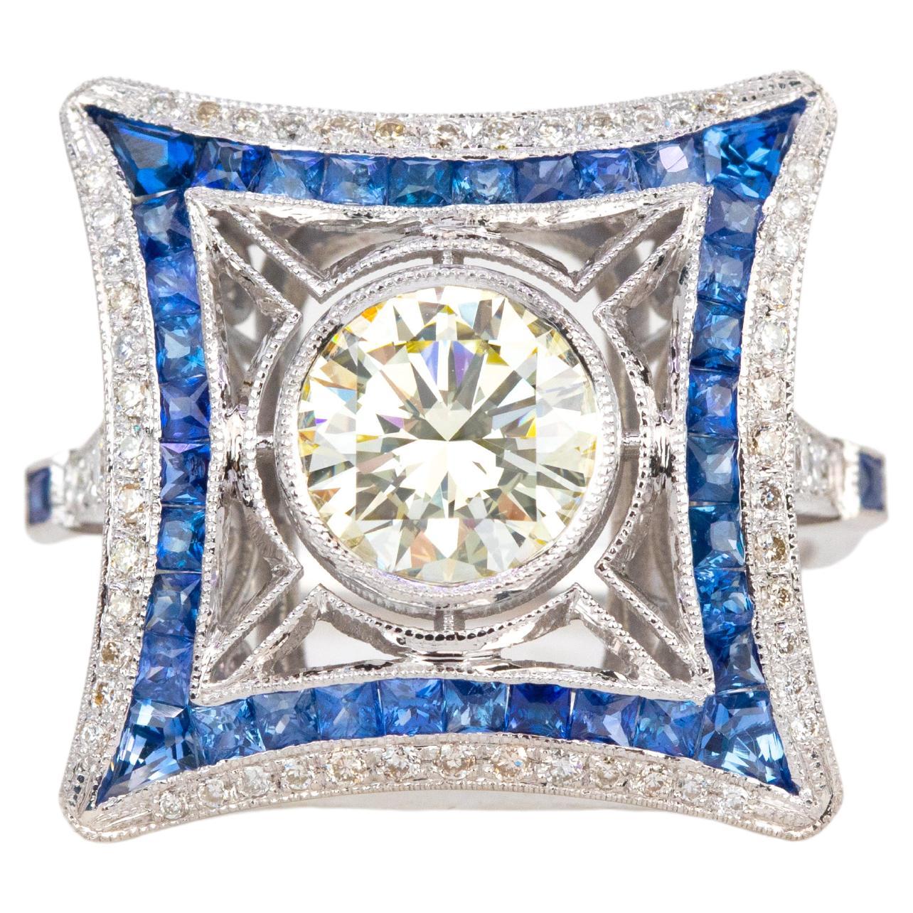 18K Gold Art Deco 1.28 Ct. Diamond and Sapphire Cocktail Ring For Sale