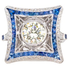 18K Gold Art Deco 1.28 Ct. Diamond and Sapphire Cocktail Ring