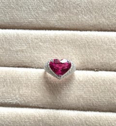 18k Gold Art Deco 5.04 ct Rubellite Heart Natural Cut Ring with 1.24 ct Diamonds