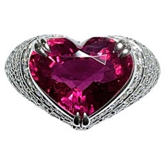 18k Gold Art Deco 5.04 ct Rubellite Heart Natural Cut Ring with 1.24 ct Diamonds 18k Gold Art Deco 5.04 ct Rubellite Heart Natural Cut Ring with 1.24 ct Diamonds