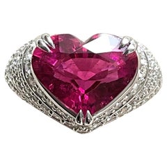 18k Gold Art Deco 5.04 ct Rubellite Heart Natural Cut Ring with 1.24 ct Diamonds 18k Gold Art Deco 5.04 ct Rubellite Heart Natural Cut Ring with 1.24 ct Diamonds