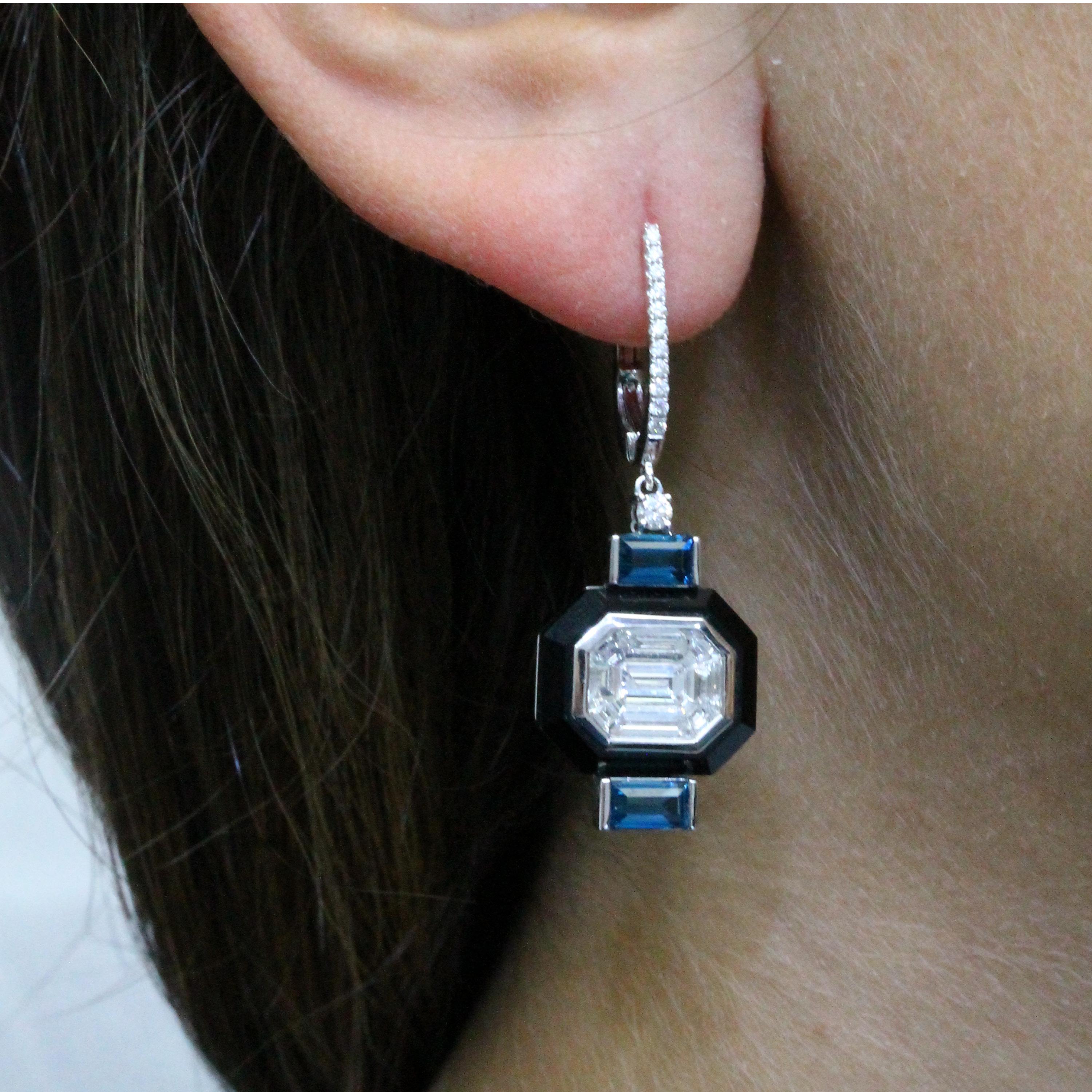 Art Deco 18K Gold Art-Deco Baguette Diamond Earrings w/Black Onyx and London Blue Topaz