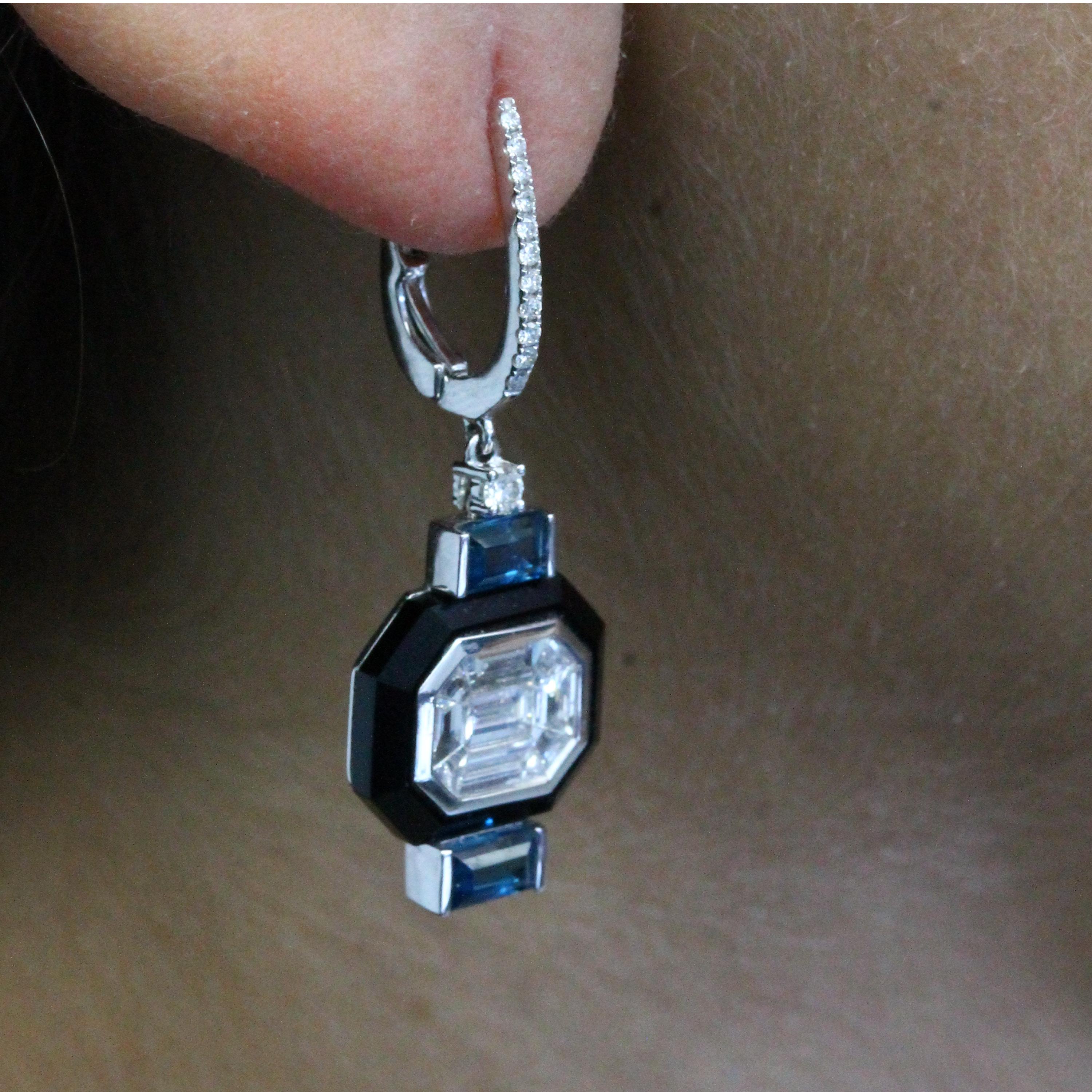 Emerald Cut 18K Gold Art-Deco Baguette Diamond Earrings w/Black Onyx and London Blue Topaz