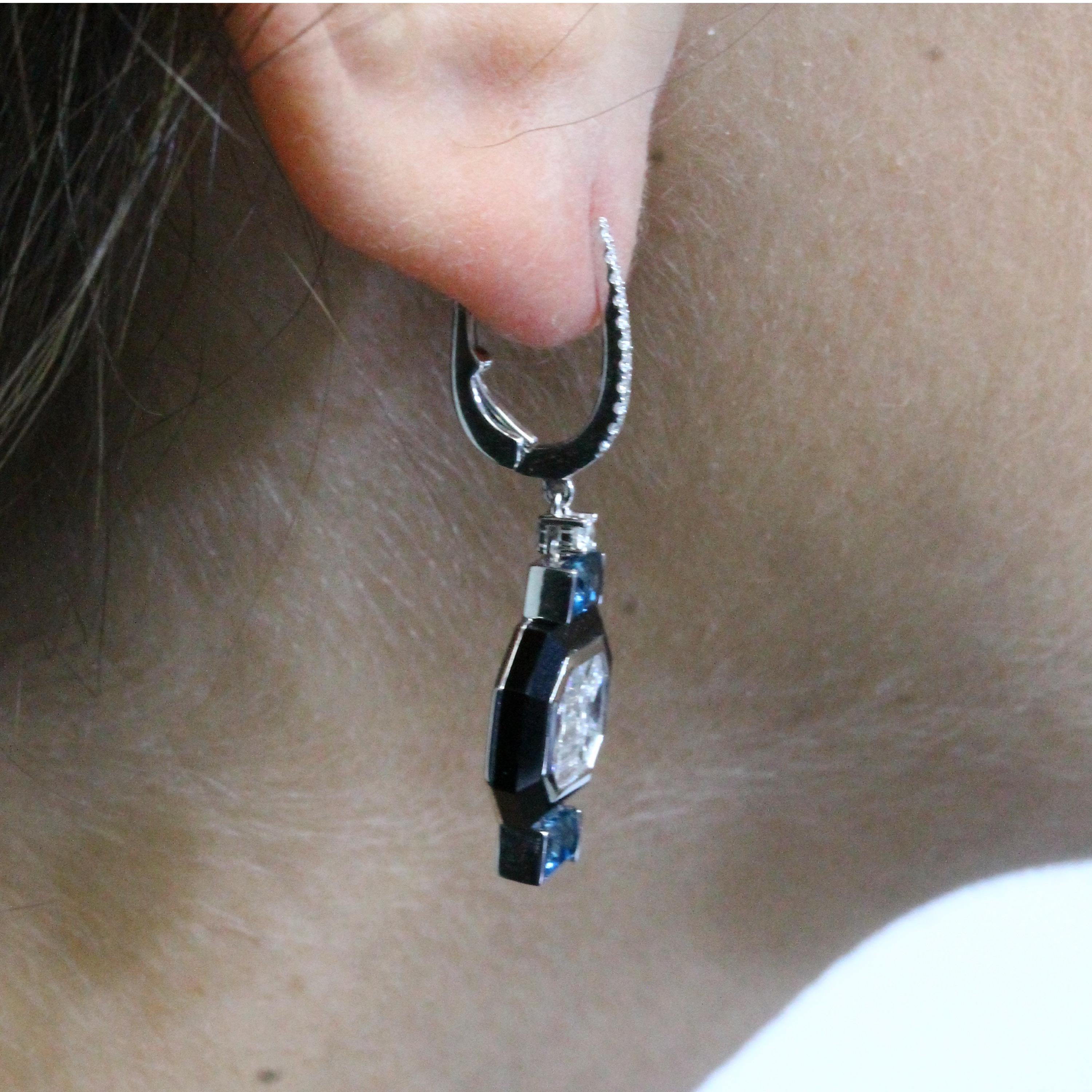 18K Gold Art-Deco Baguette Diamond Earrings w/Black Onyx and London Blue Topaz In New Condition In Great Neck, NY