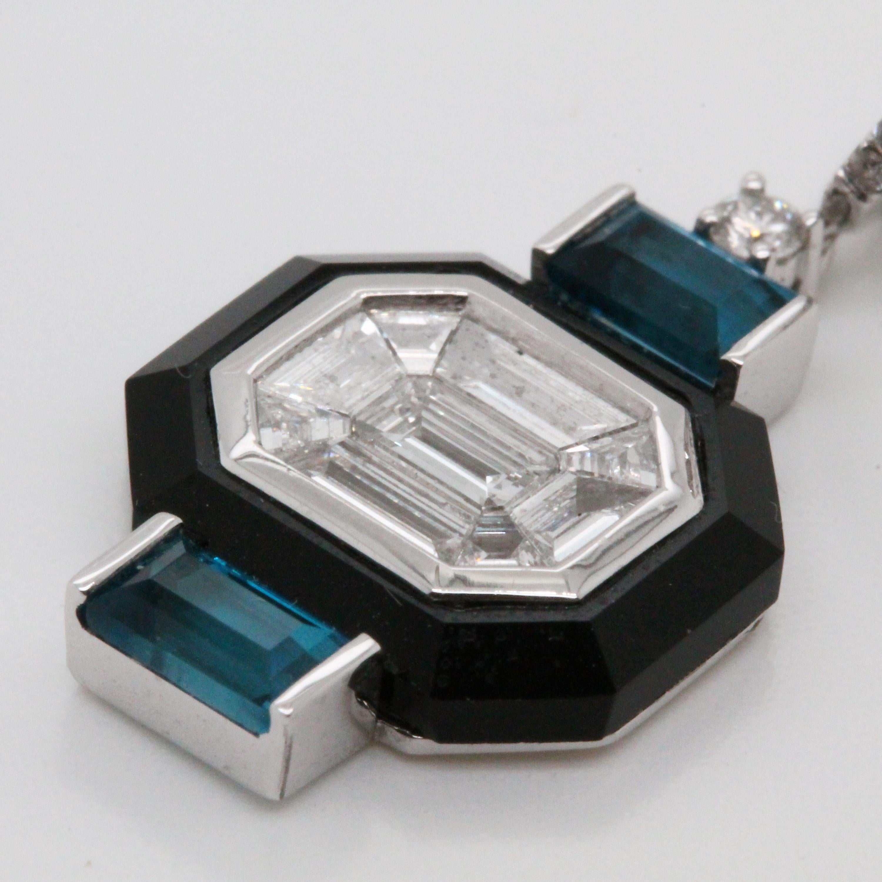 18K Gold Art-Deco Baguette Diamond Earrings w/Black Onyx and London Blue Topaz 1
