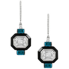 18K Gold Art-Deco Baguette Diamond Earrings w/Black Onyx and London Blue Topaz