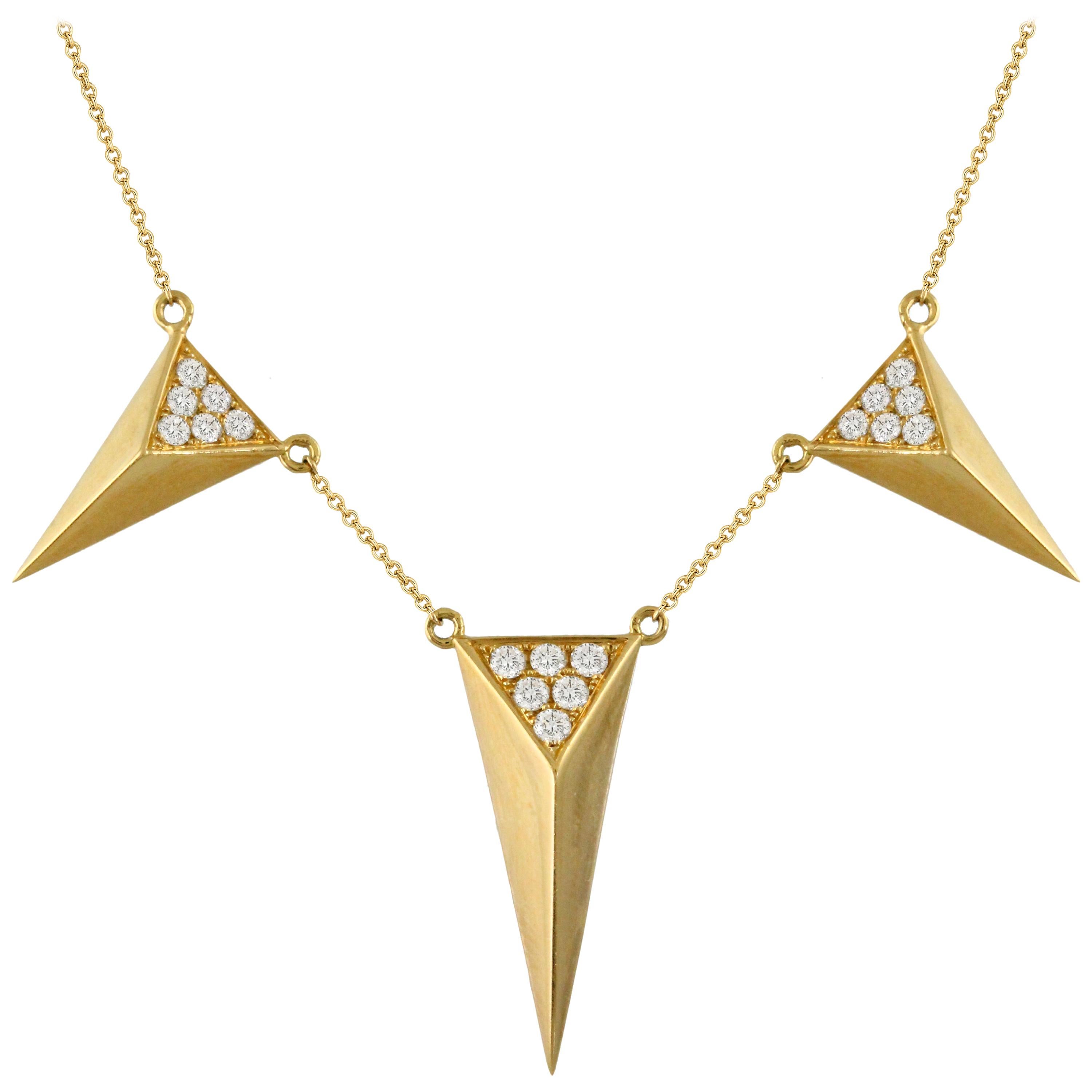 18K Gold Art Deco Style Dagger Necklace Triangle Pyramid Pavé Diamond Stations For Sale