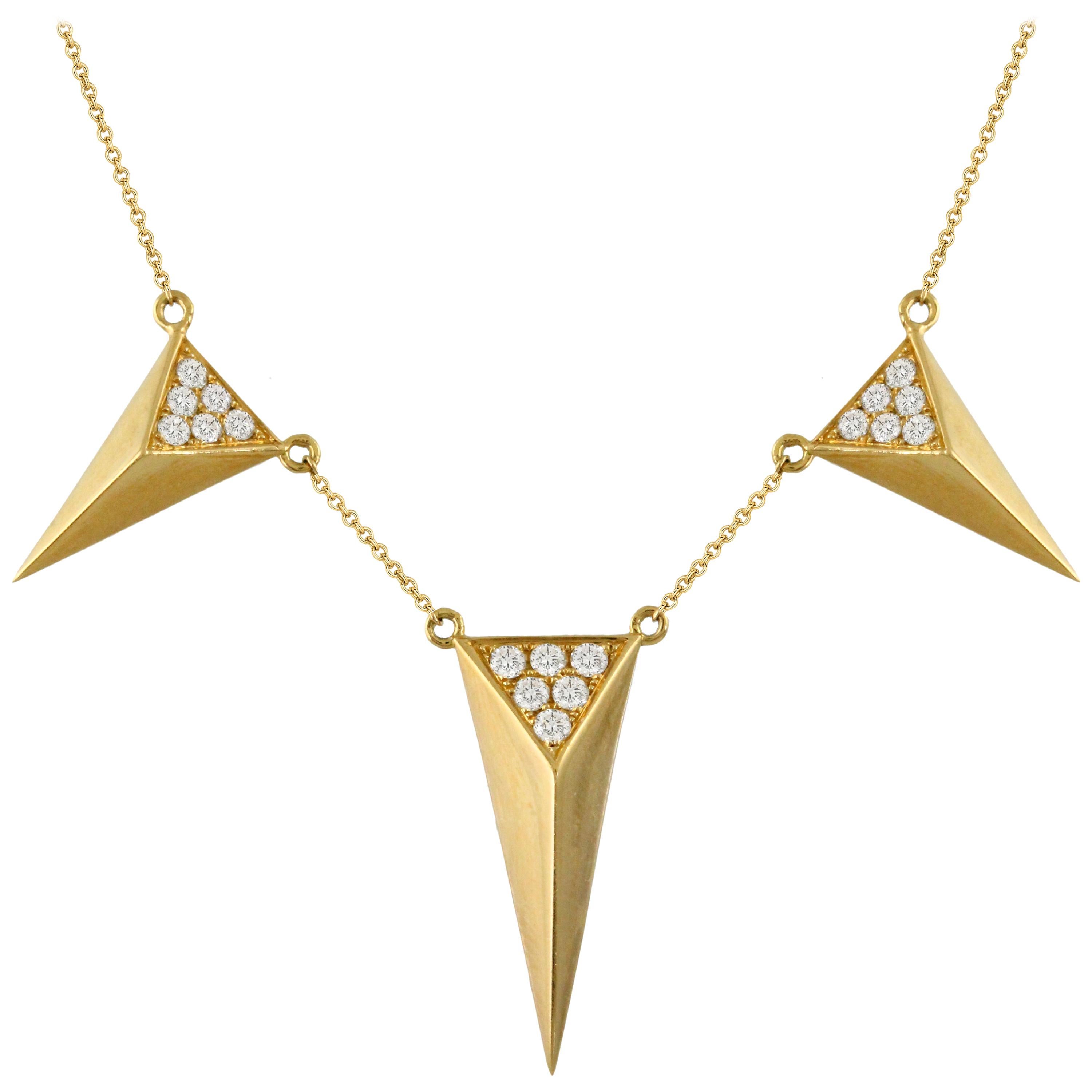 18K Gold Art Deco Style Dagger Necklace Triangle Pyramid Pavé Diamond