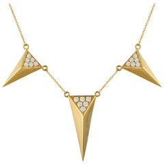 18K Gold Art Deco Style Dagger Necklace Triangle Pyramid Pavé Diamond Stations