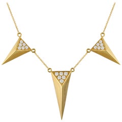 18K Gold Art Deco Style Dagger Necklace Triangle Pyramid Pavé Diamond Stations