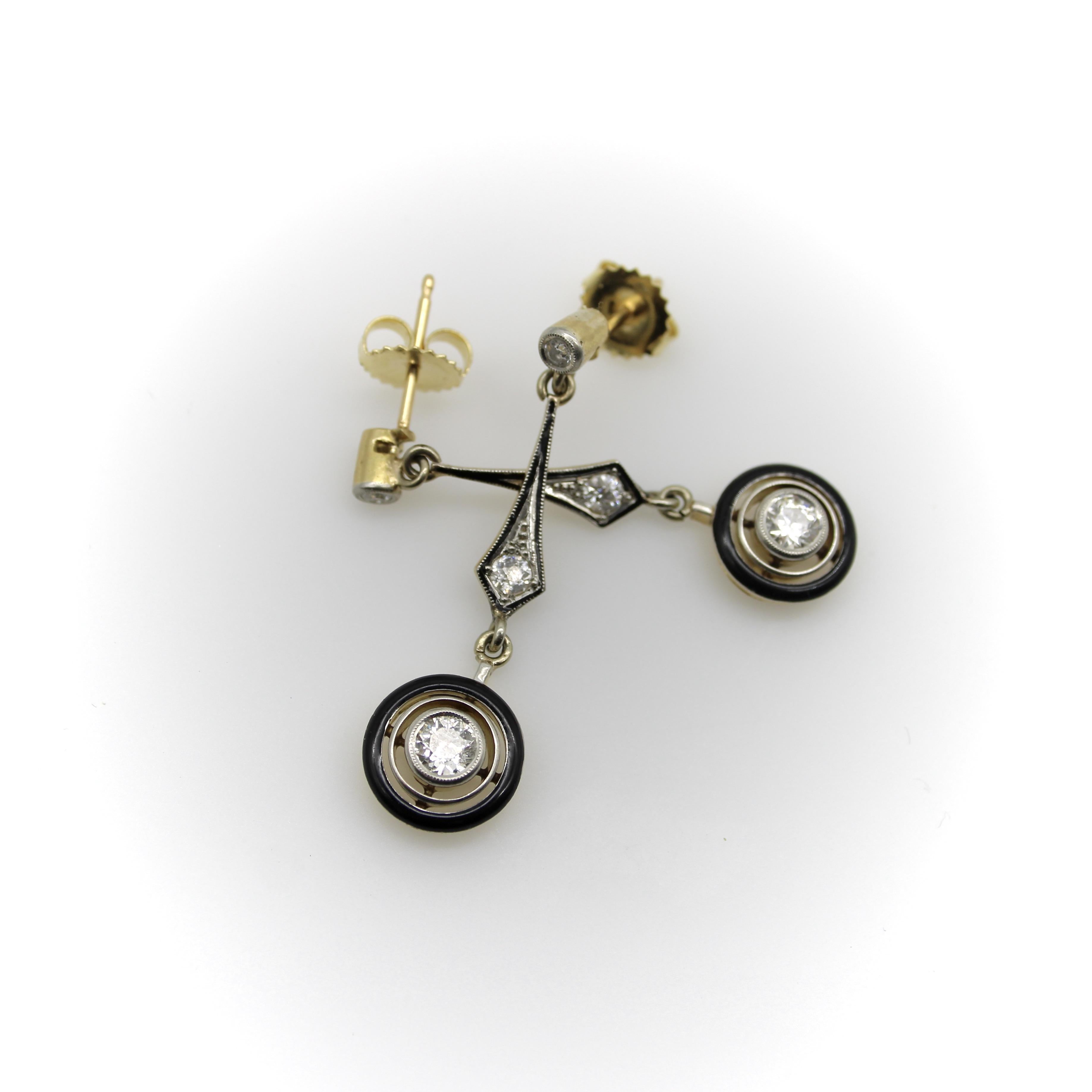 Taglio antico europeo Orecchini Art Deco in oro 18 carati con diamanti e smalto in vendita