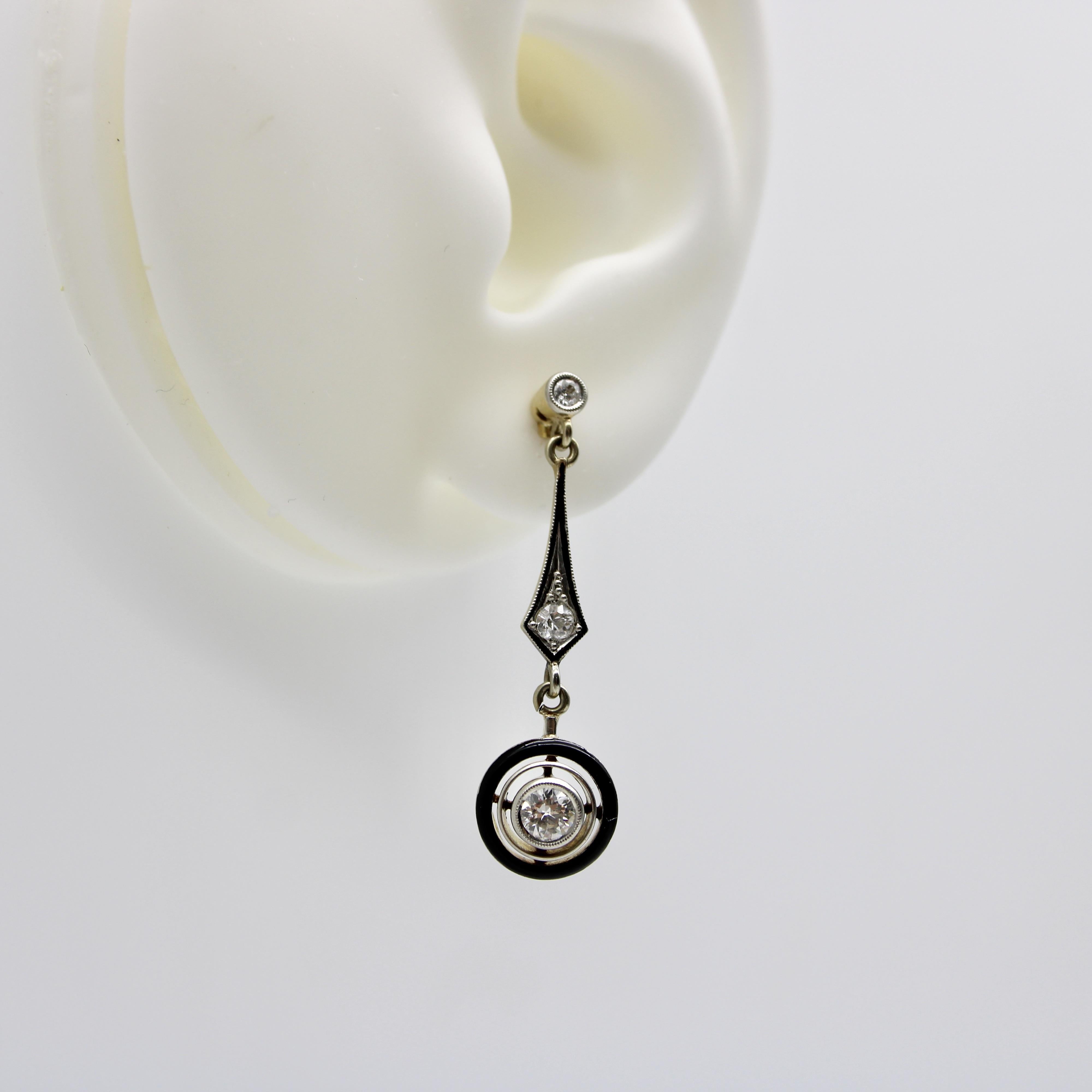 Orecchini Art Deco in oro 18 carati con diamanti e smalto in vendita 2