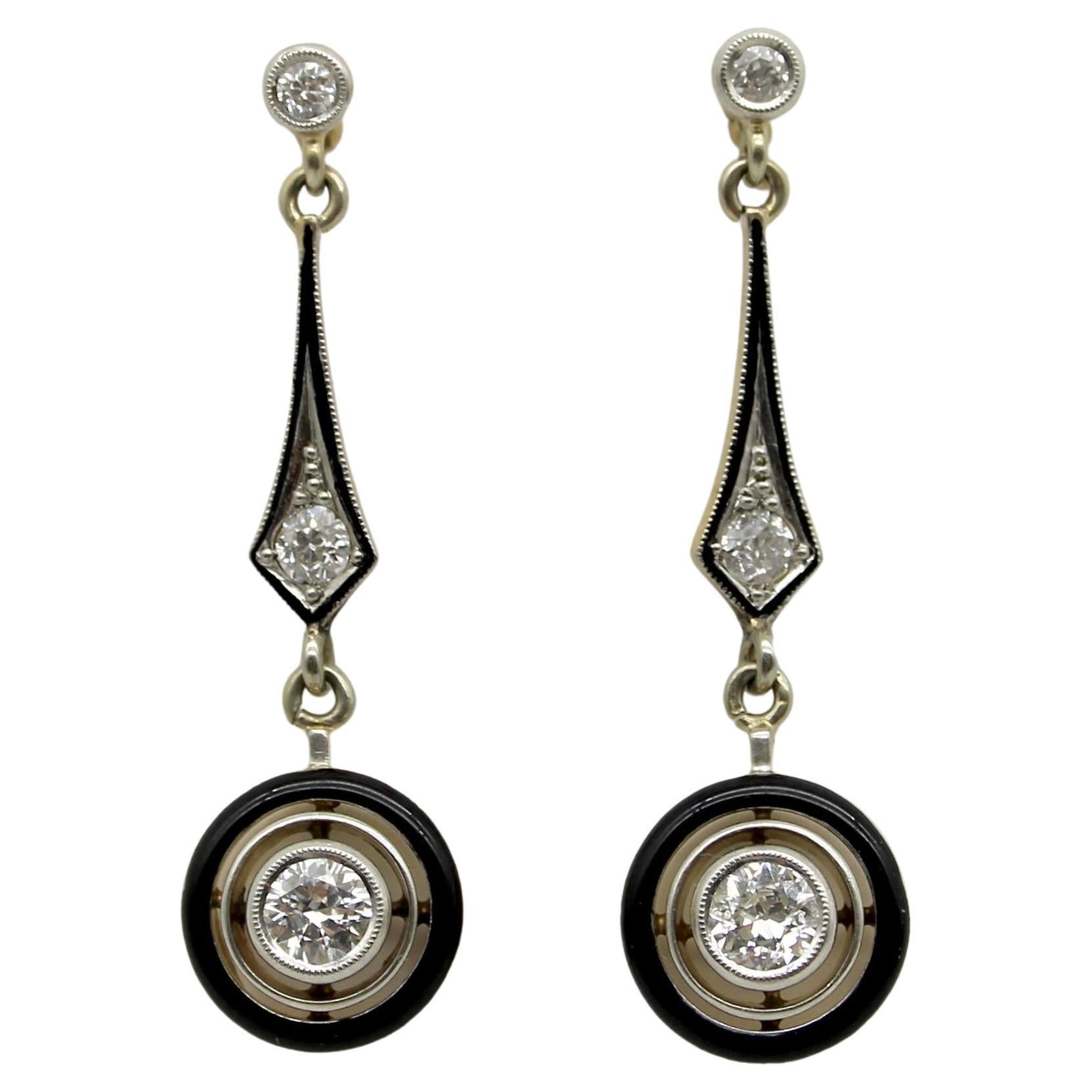 18K Gold Art Deco Diamond and Enamel Dangle Earrings