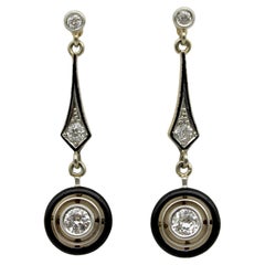 Antique 18K Gold Art Deco Diamond and Enamel Dangle Earrings