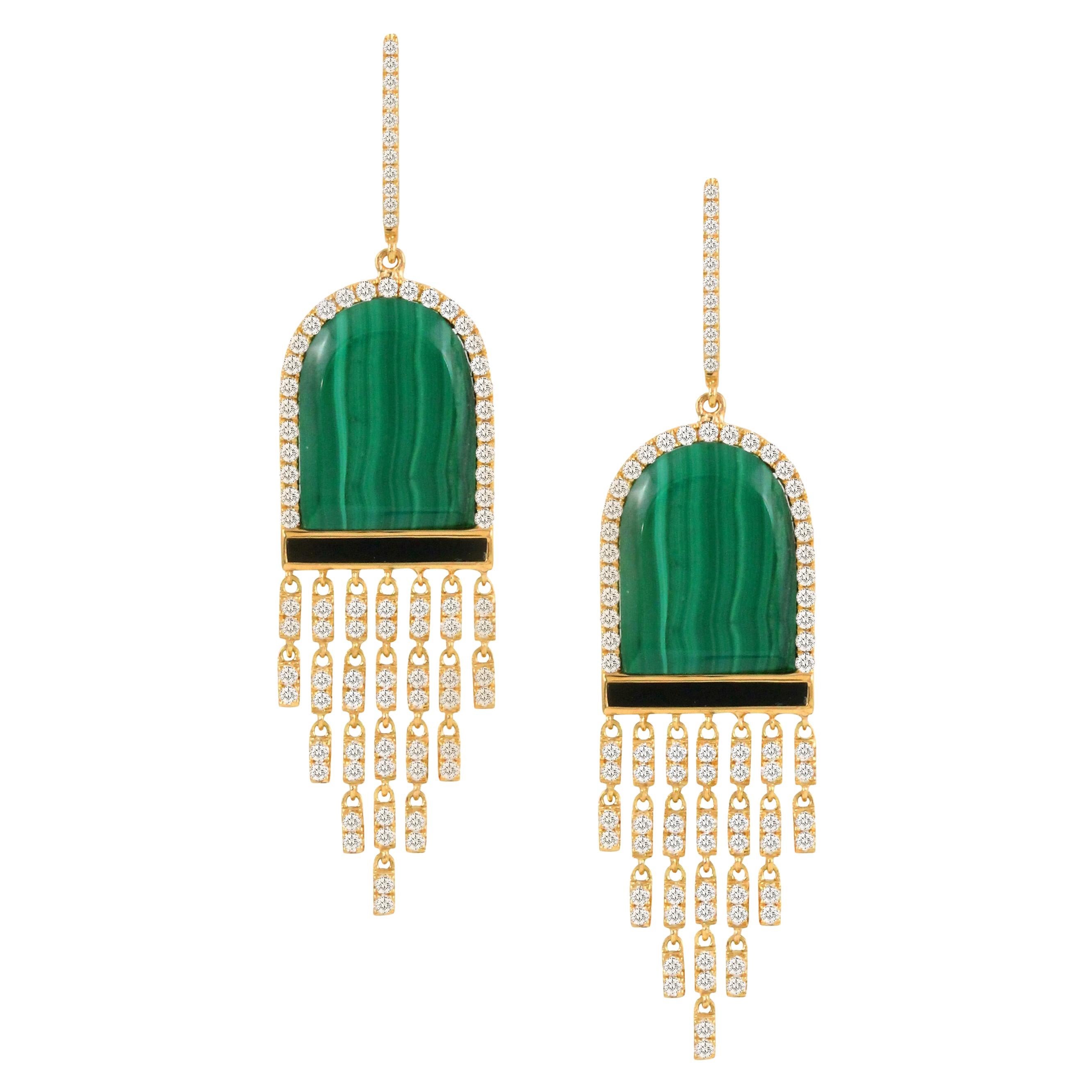 18K Gold Art Deco Style Earrings Malachite, Black Onyx and 1.48 Carat Diamonds For Sale
