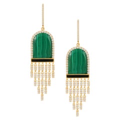 18K Gold Art Deco Style Earrings Malachite, Black Onyx and 1.48 Carat Diamonds