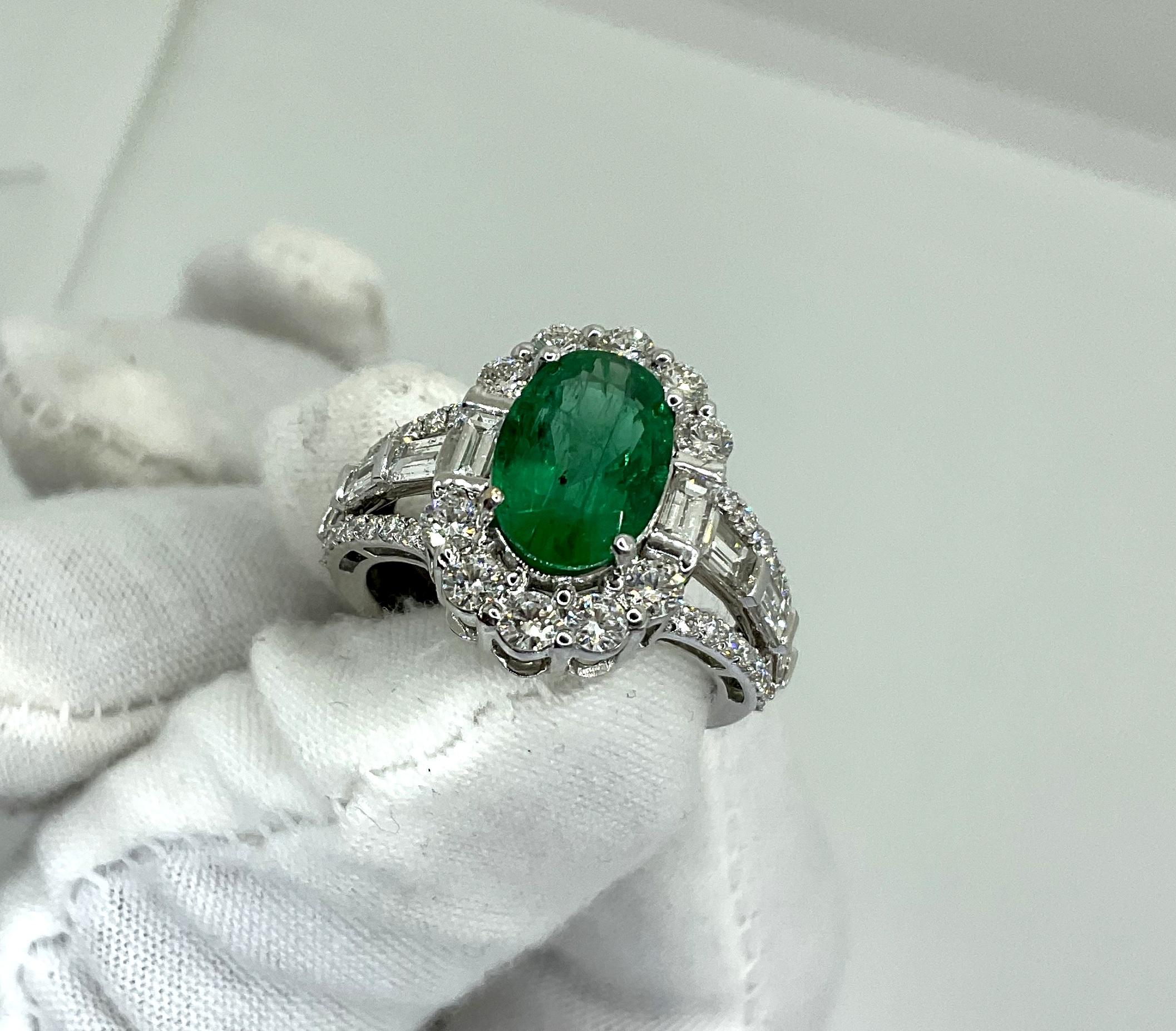 Oval Cut 18k Gold Art Deco Zambian Emerald Cocktail Ring 2.05 cts with 1.49 ct Diamonds  For Sale