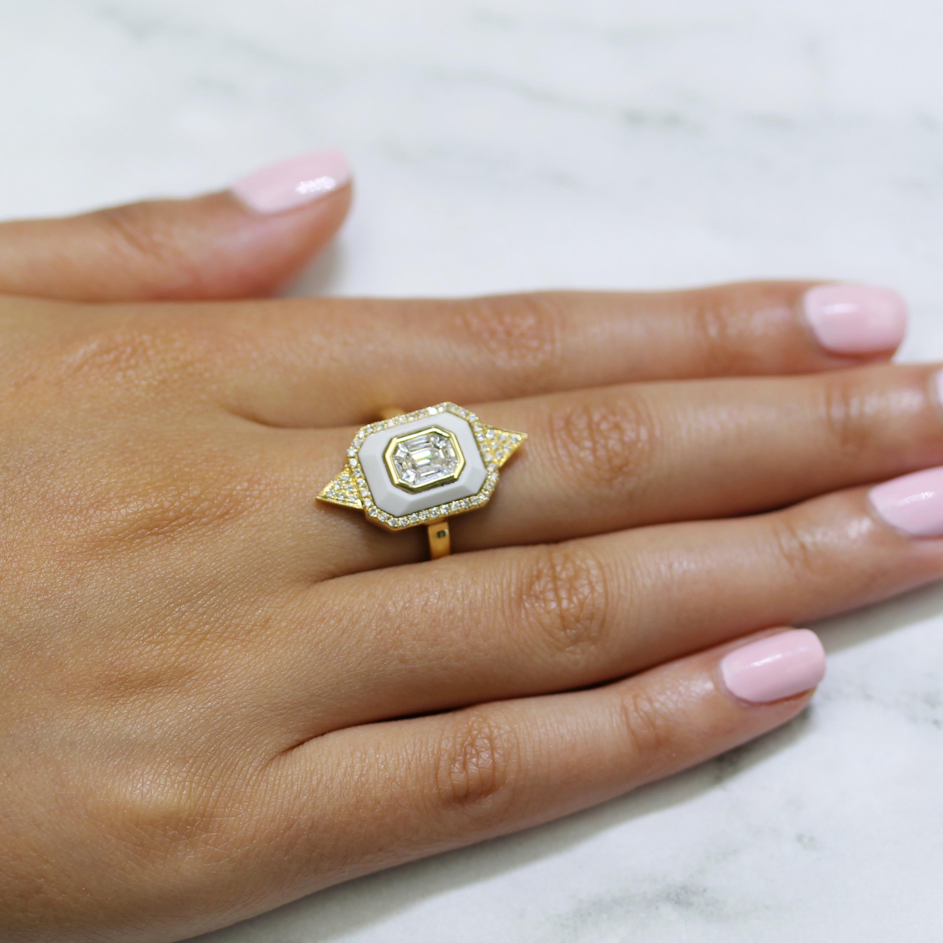 *Please allow 4-6 weeks for production and delivery*

Mykonos Ring featuring an Invisible-Set Emerald Diamond Center made up of Baguettes, framed in White Agate, in an 18K yellow gold Art-Deco setting. Finger size 6.5, adjustable upon request/quote.