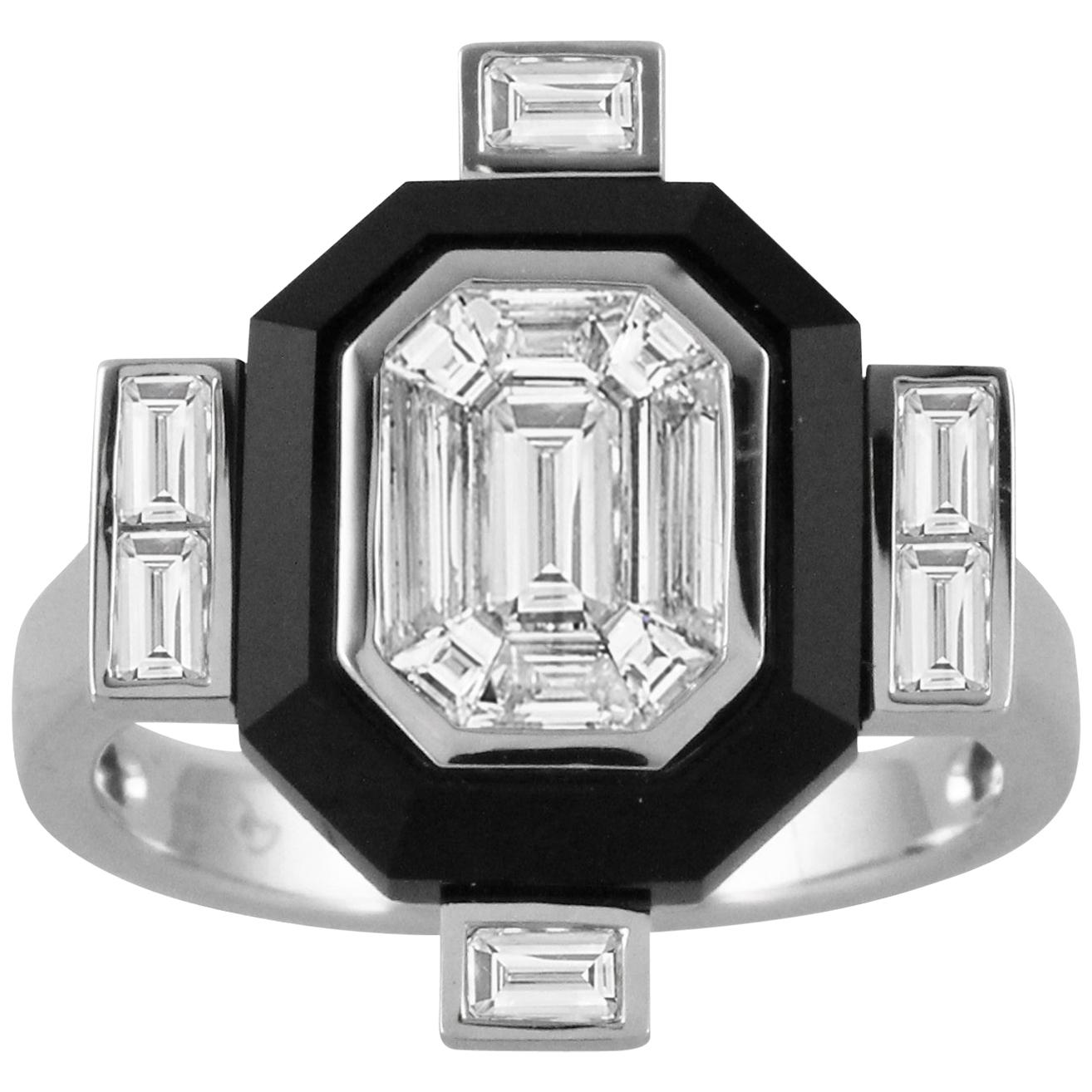 18K Gold Art-Deco Invisible-Set Baguette Emerald Diamond Ring with Black Onyx For Sale