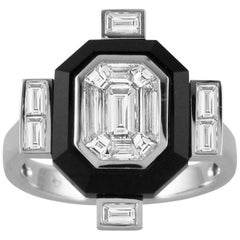 18K Gold Art-Deco Invisible-Set Baguette Emerald Diamond Ring with Black Onyx