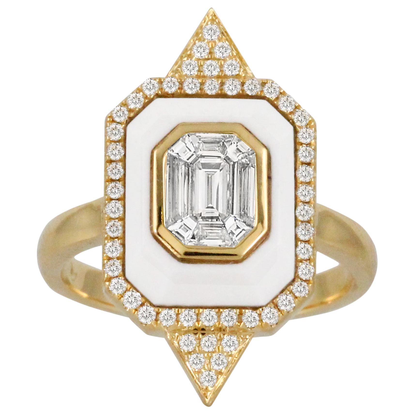 18K Gold Art-Deco Invisible-Set Baguette Emerald Diamond Ring with White Agate For Sale