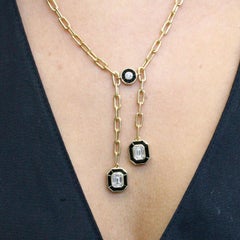 18K Gold Art-Deco Invisible-Set Emerald Diamond Lariat Necklace with Black Onyx