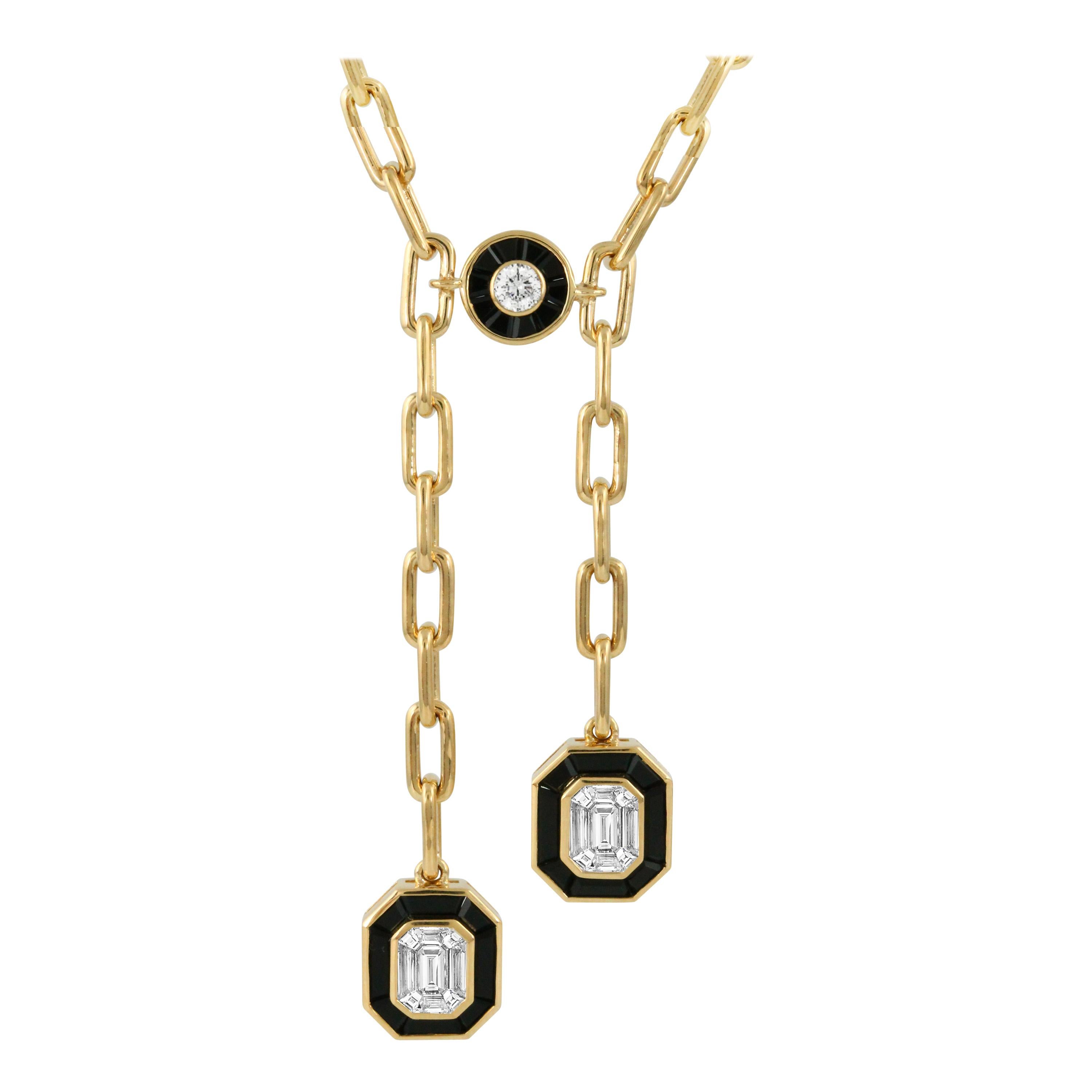 18K Gold Art-Deco Invisible-Set Emerald Diamond Lariat Necklace with Black Onyx