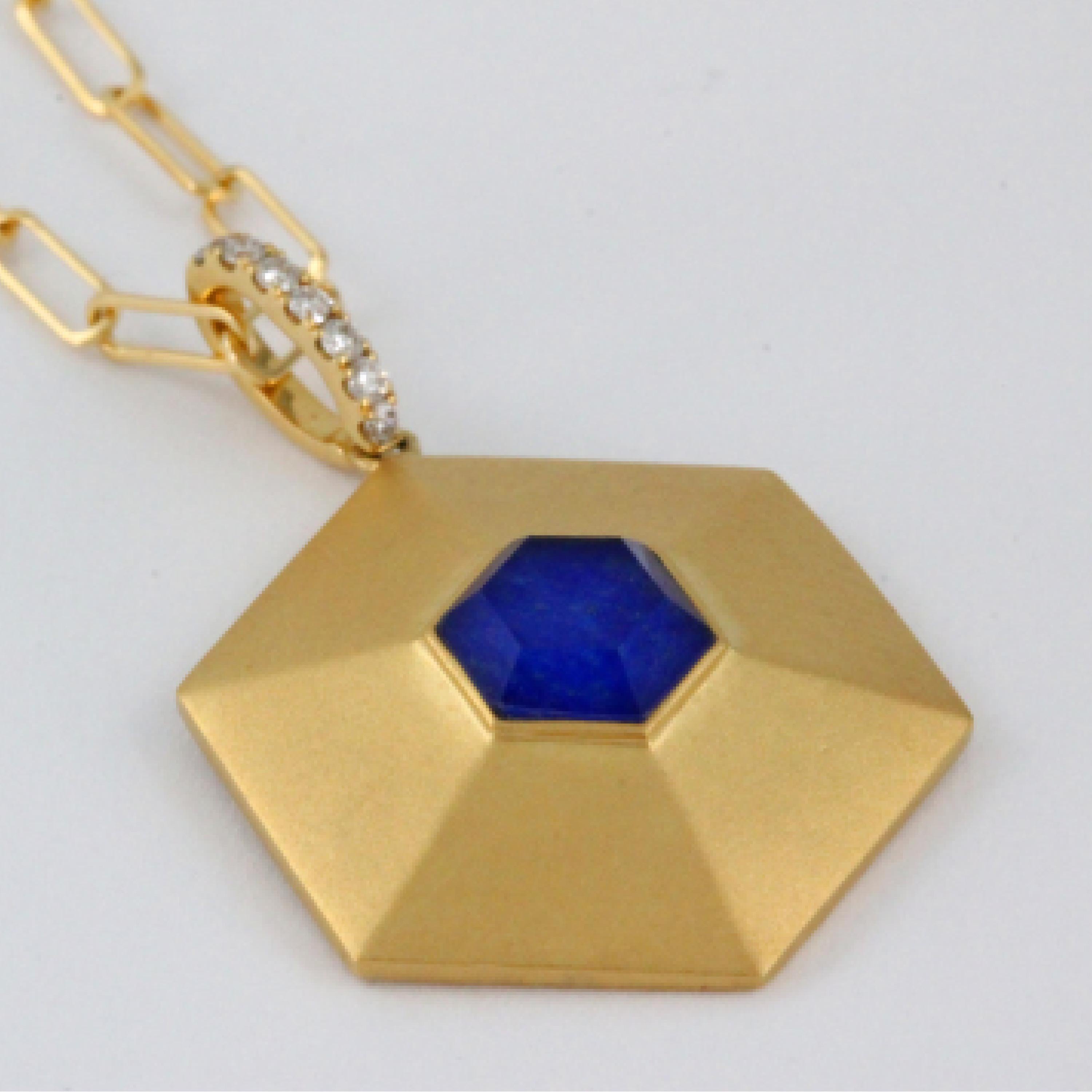Hexagon Cut 18K Gold Pendant Necklace Lapis Lazuli Rock Crystal Quartz Diamonds For Sale