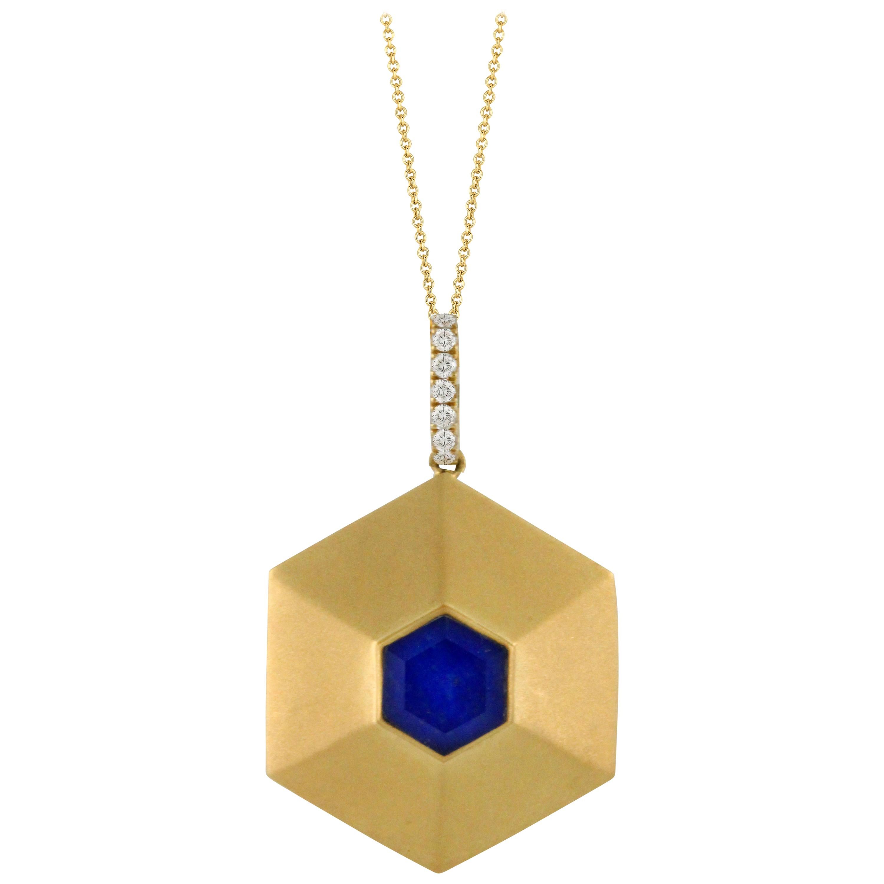 18K Gold Pendant Necklace Lapis Lazuli Rock Crystal Quartz Diamonds For Sale