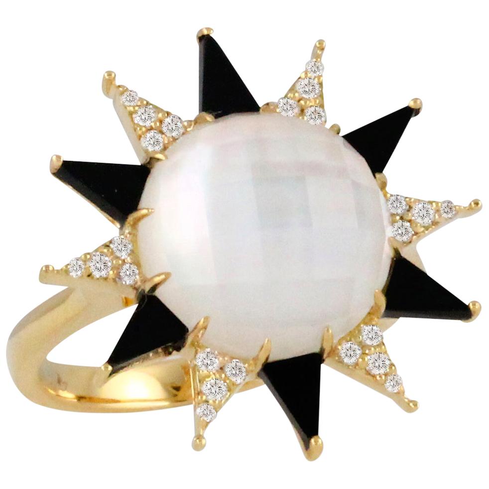 18K Gold Art Deco Style Ring Rock Crystal Quartz, Onyx and Diamonds For Sale