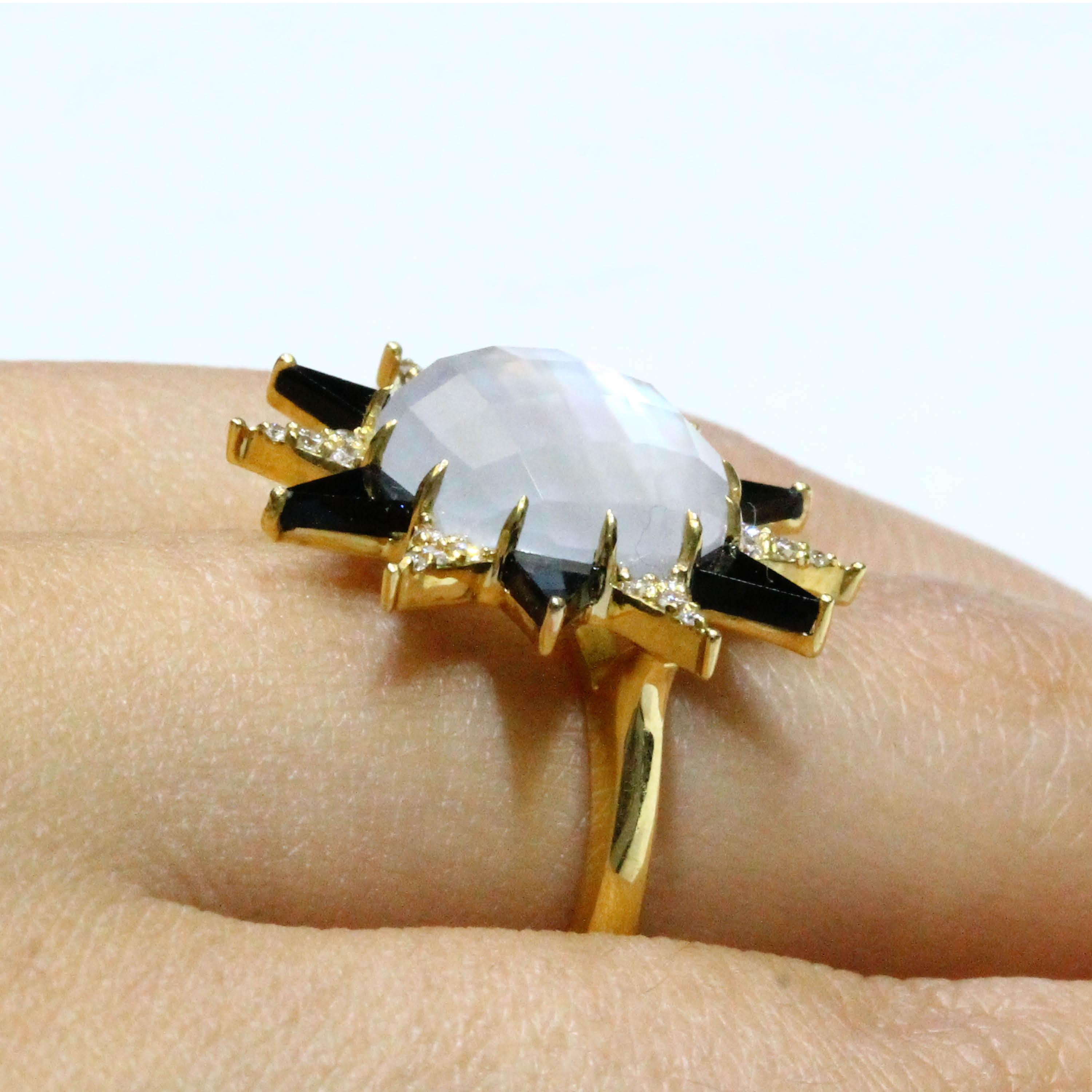 Women's 18K Gold Art Deco Style Ring Rock Crystal Quartz, Onyx and Diamonds For Sale