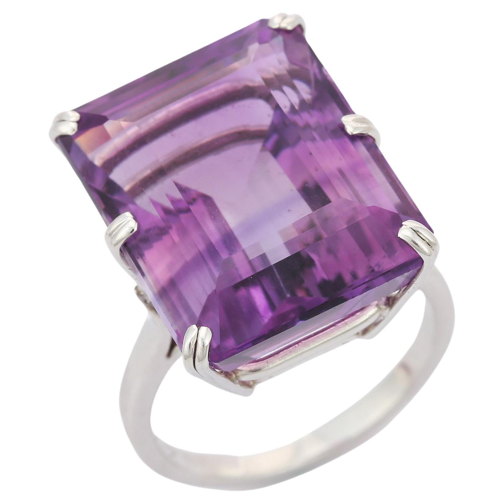 18K White Gold Art Deco Style 23.70 Ct. Octagon Amethyst Cocktail Ring