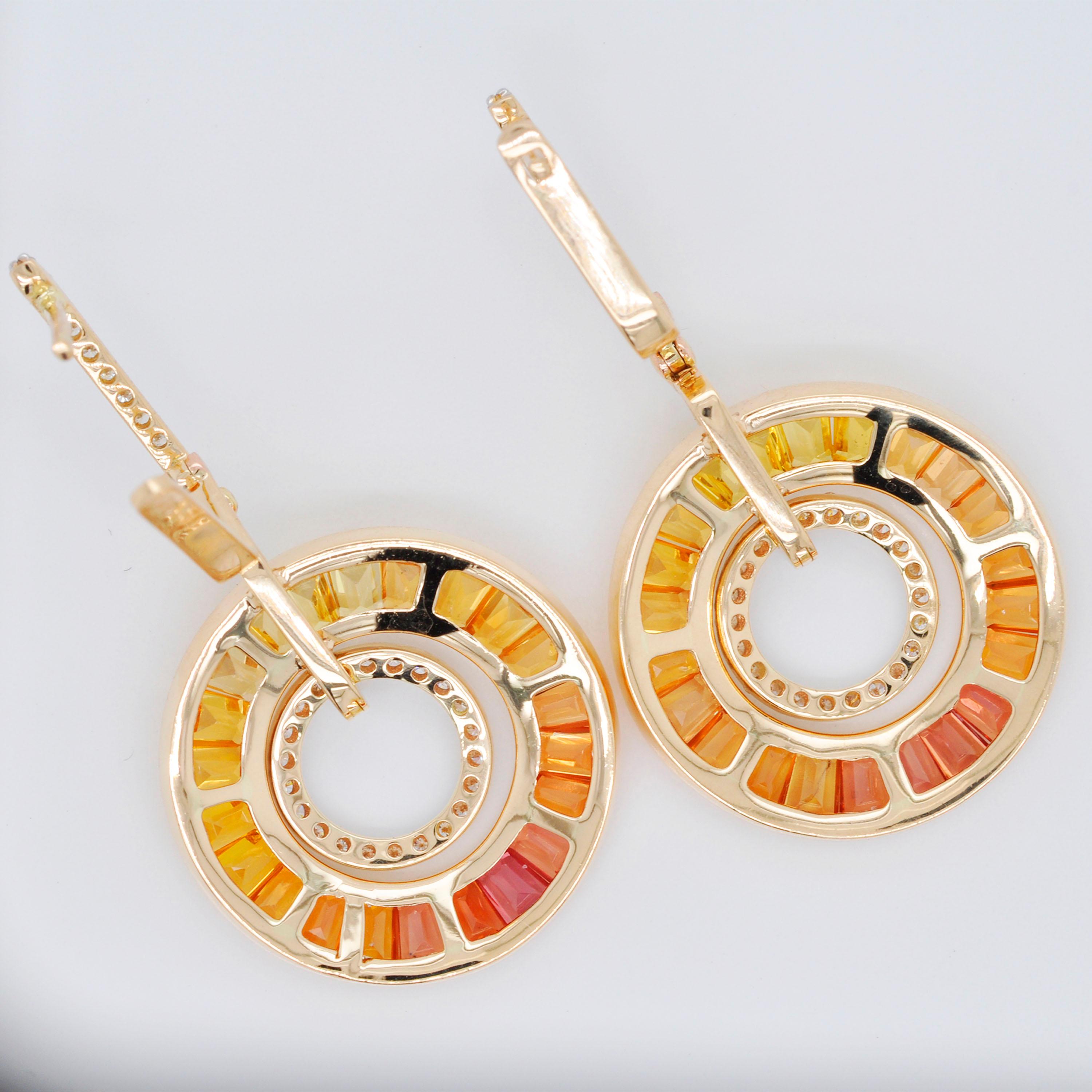 18K Gold Art-Deco Style Baguettes Yellow Sapphire Diamond Circular Earrings For Sale 3