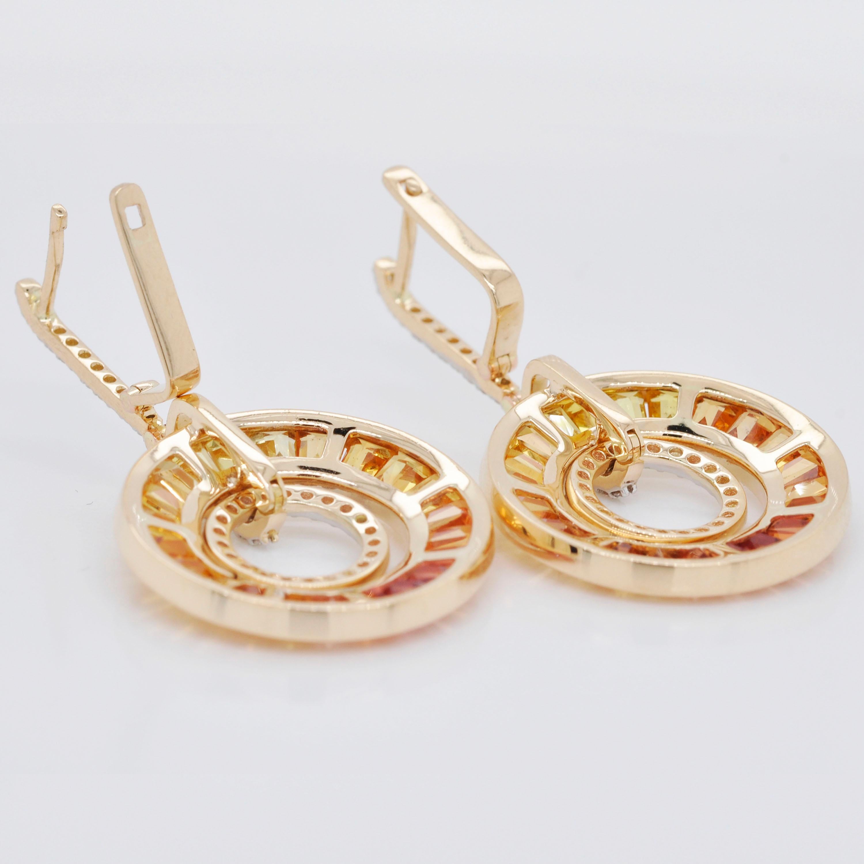18K Gold Art-Deco Style Baguettes Yellow Sapphire Diamond Circular Earrings For Sale 4
